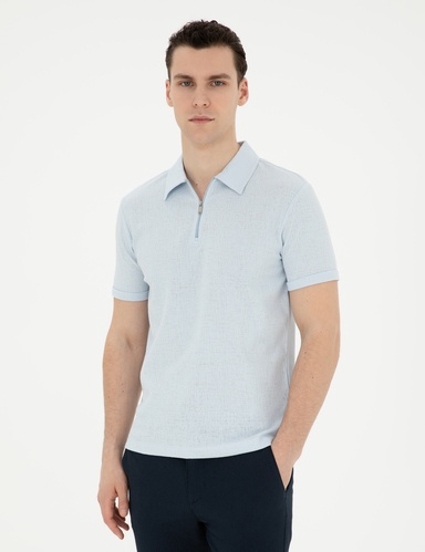 Açık Mavi Slim Fit Fermuarlı Polo Yaka Tişört