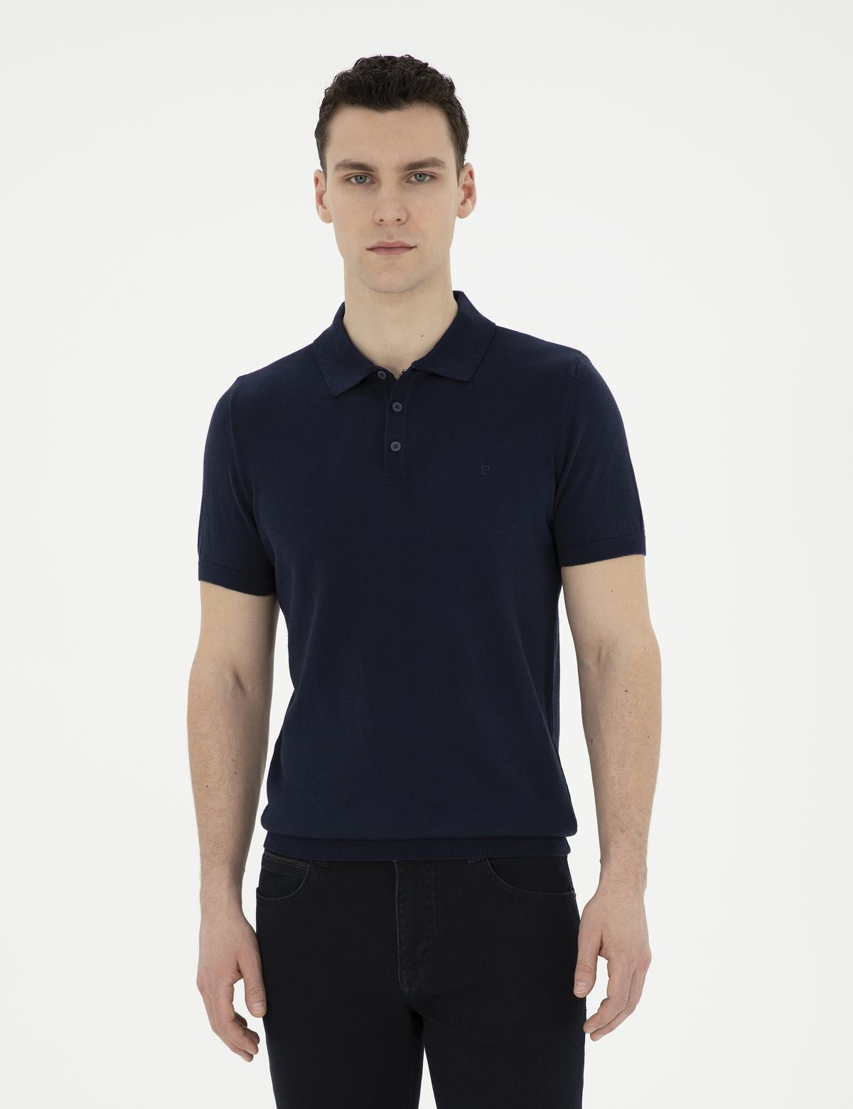 Lacivert Slim Fit Düğmeli Polo Yaka Triko Tişört