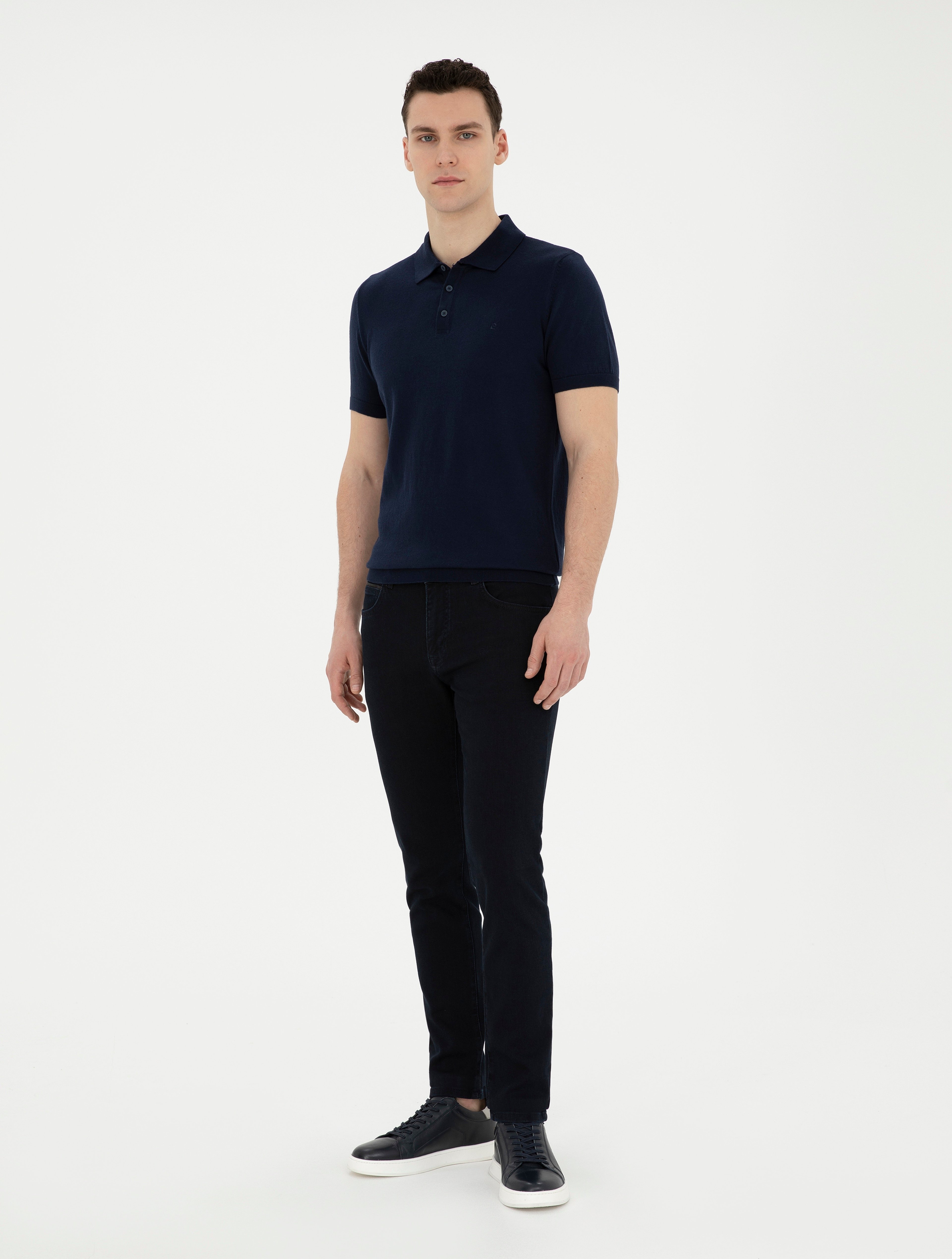 Lacivert Slim Fit Düğmeli Polo Yaka Triko Tişört - Image 4
