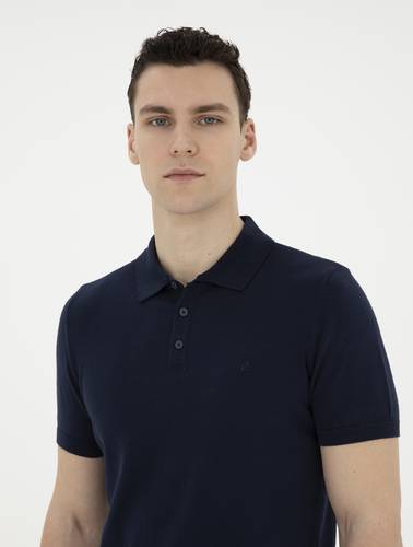 Lacivert Slim Fit Düğmeli Polo Yaka Triko Tişört