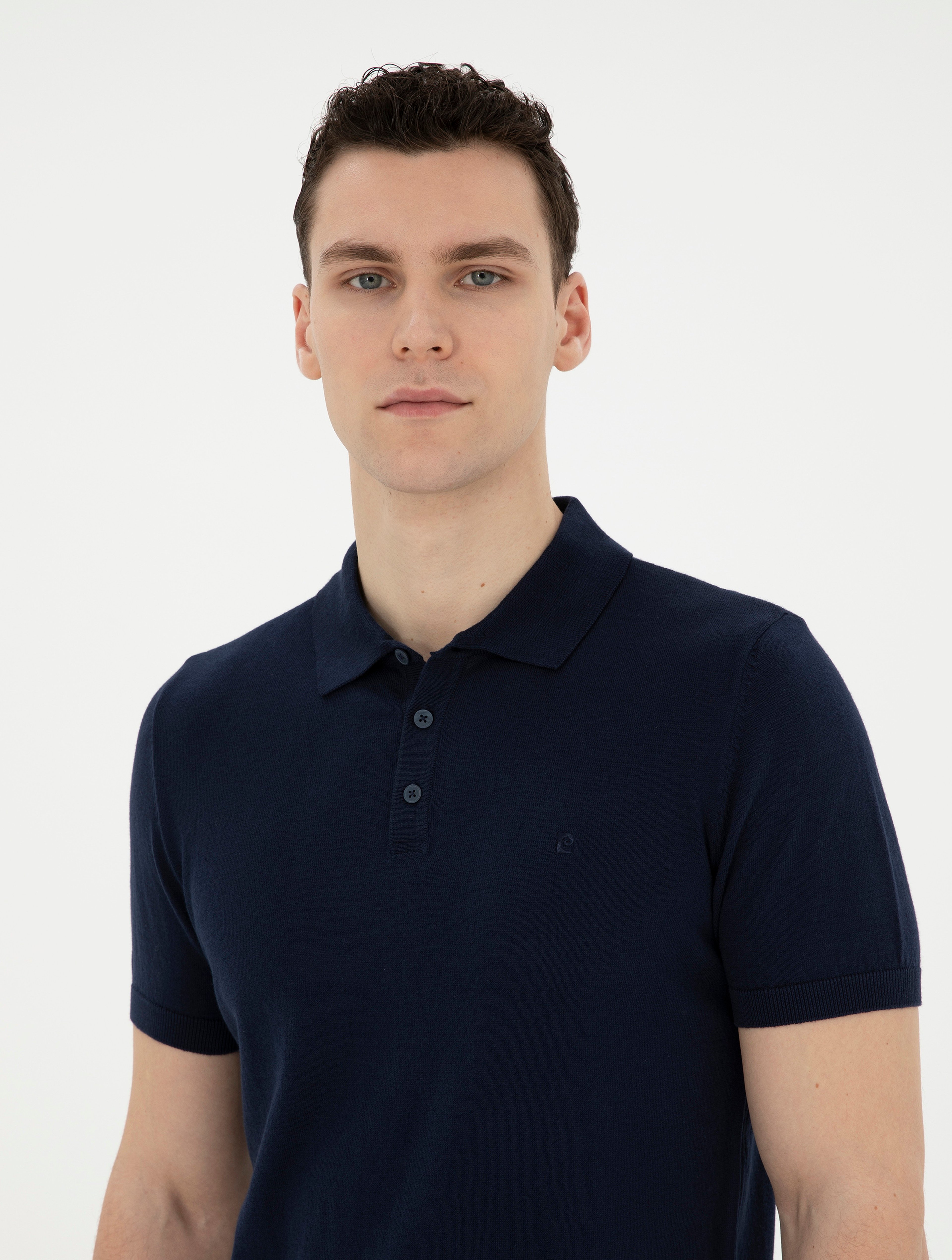 Lacivert Slim Fit Düğmeli Polo Yaka Triko Tişört - Image 2