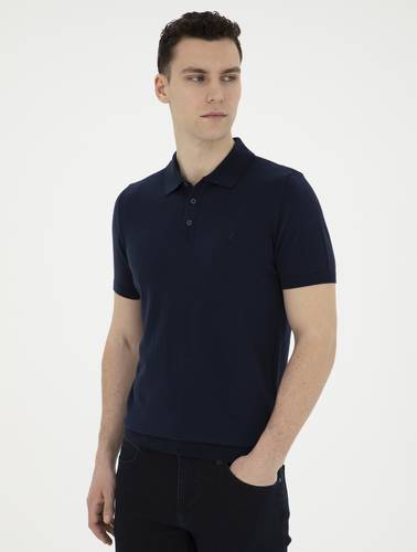 Lacivert Slim Fit Düğmeli Polo Yaka Triko Tişört
