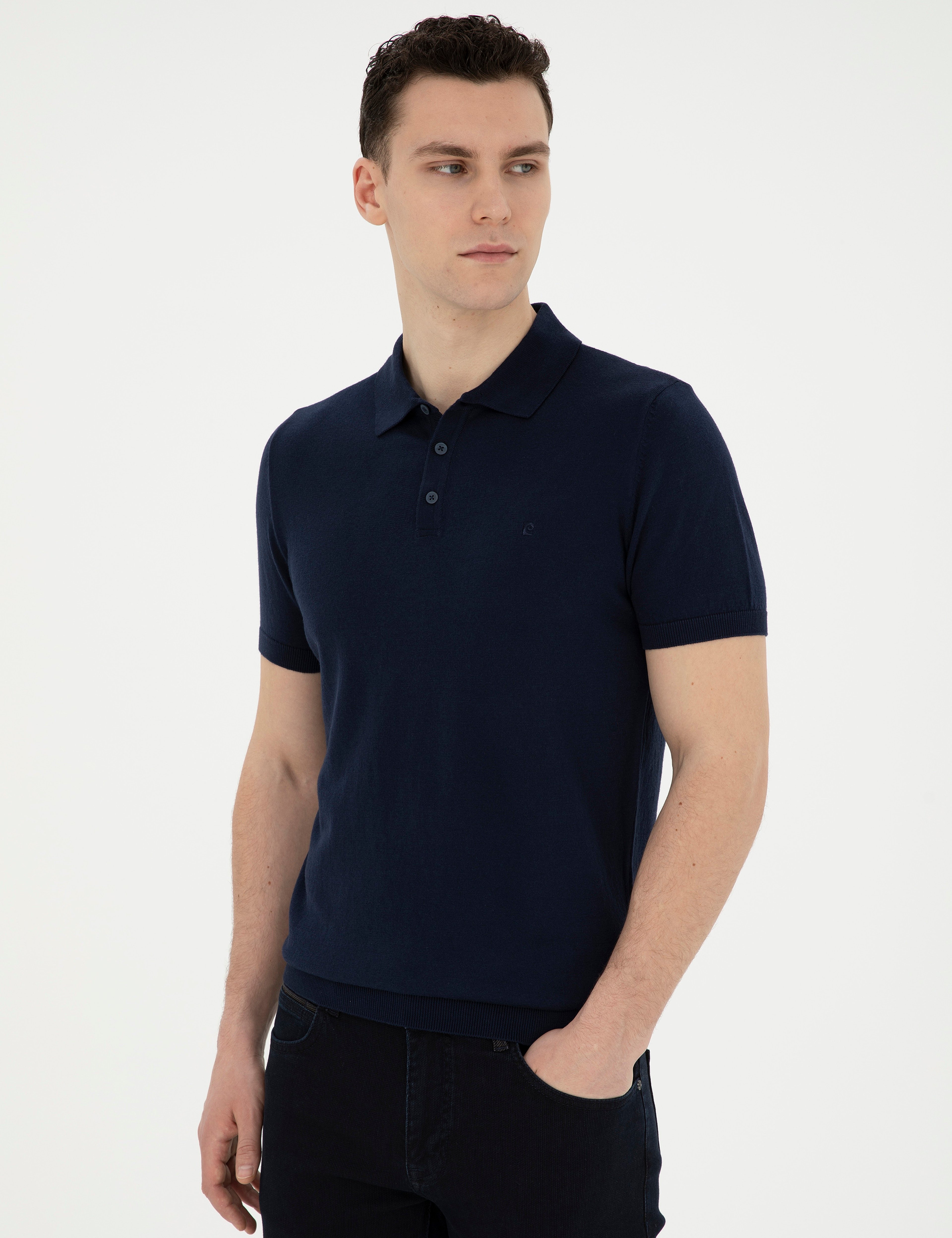 Lacivert Slim Fit Düğmeli Polo Yaka Triko Tişört