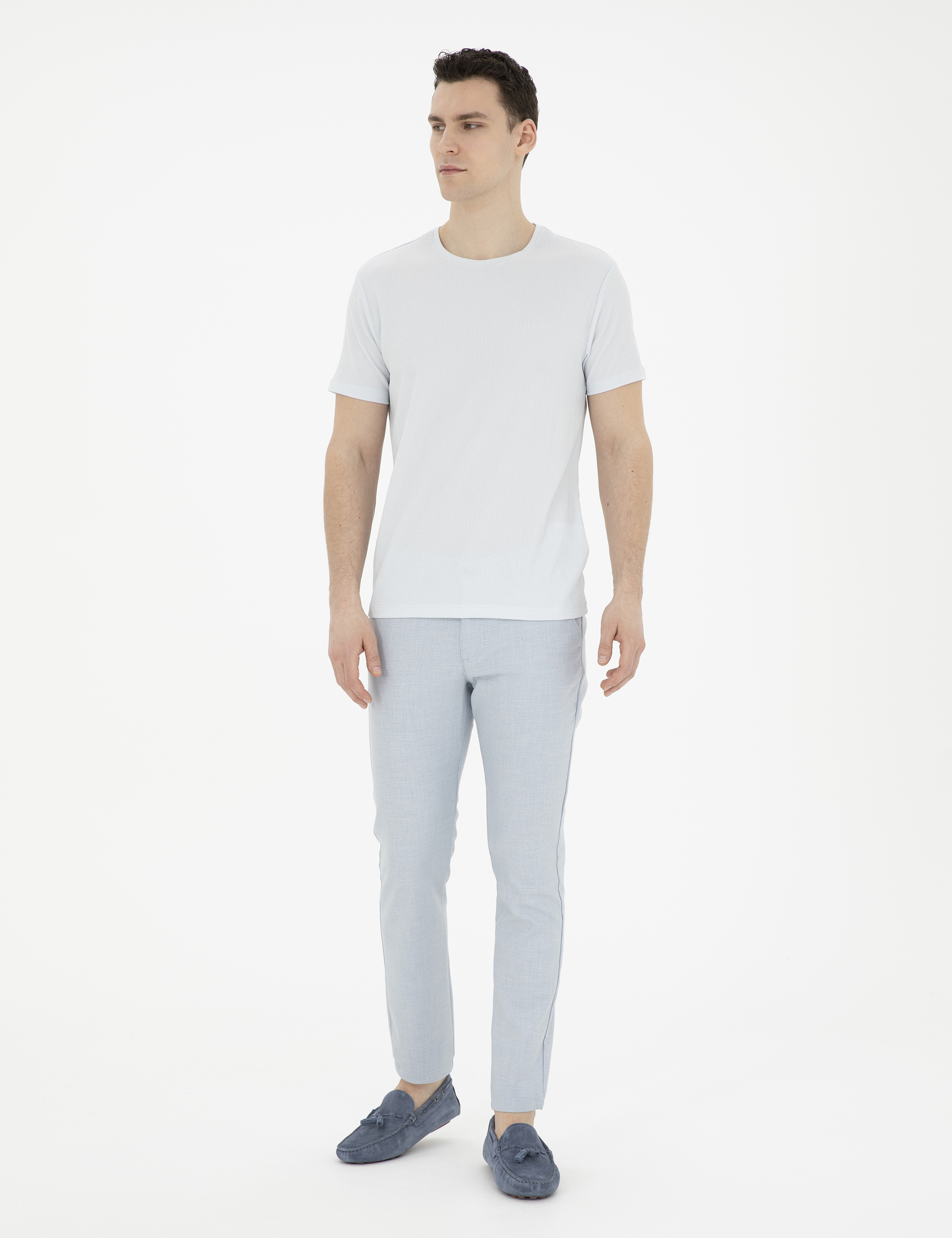 Açık Mavi Slim Fit Beli Lastikli Kanvas Pantolon