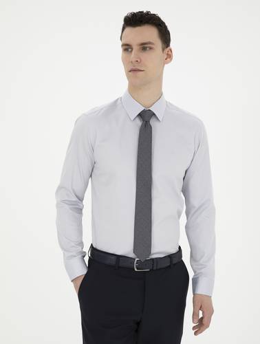 Gri %100 Pamuk Slim Fit Uzun Kollu Basic Gömlek