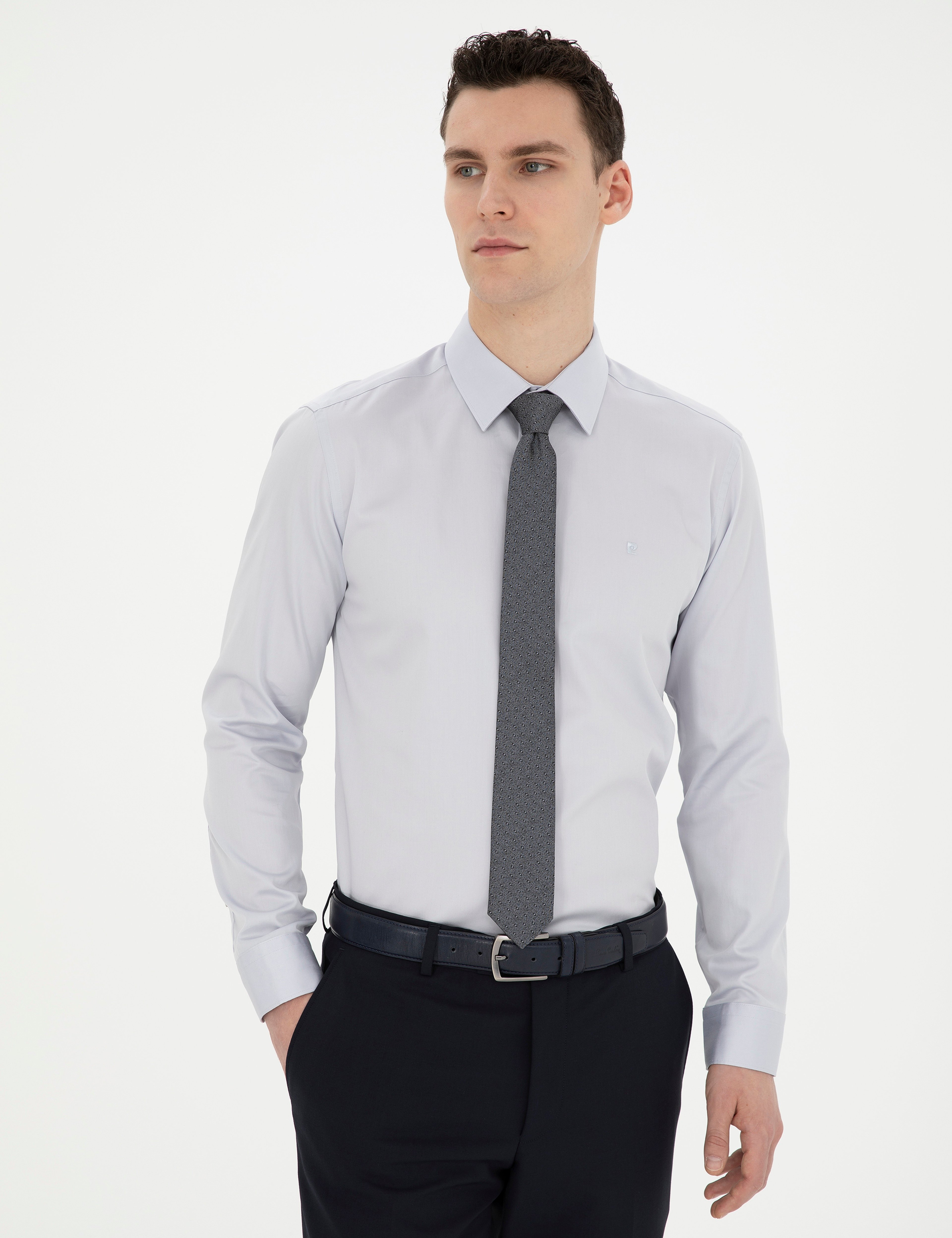 Gri %100 Pamuk Slim Fit Uzun Kollu Basic Gömlek