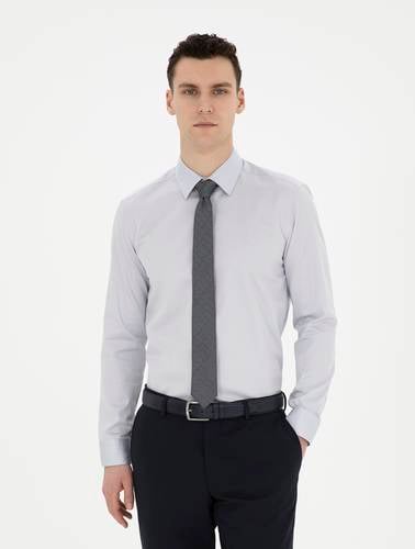 Gri %100 Pamuk Slim Fit Uzun Kollu Basic Gömlek