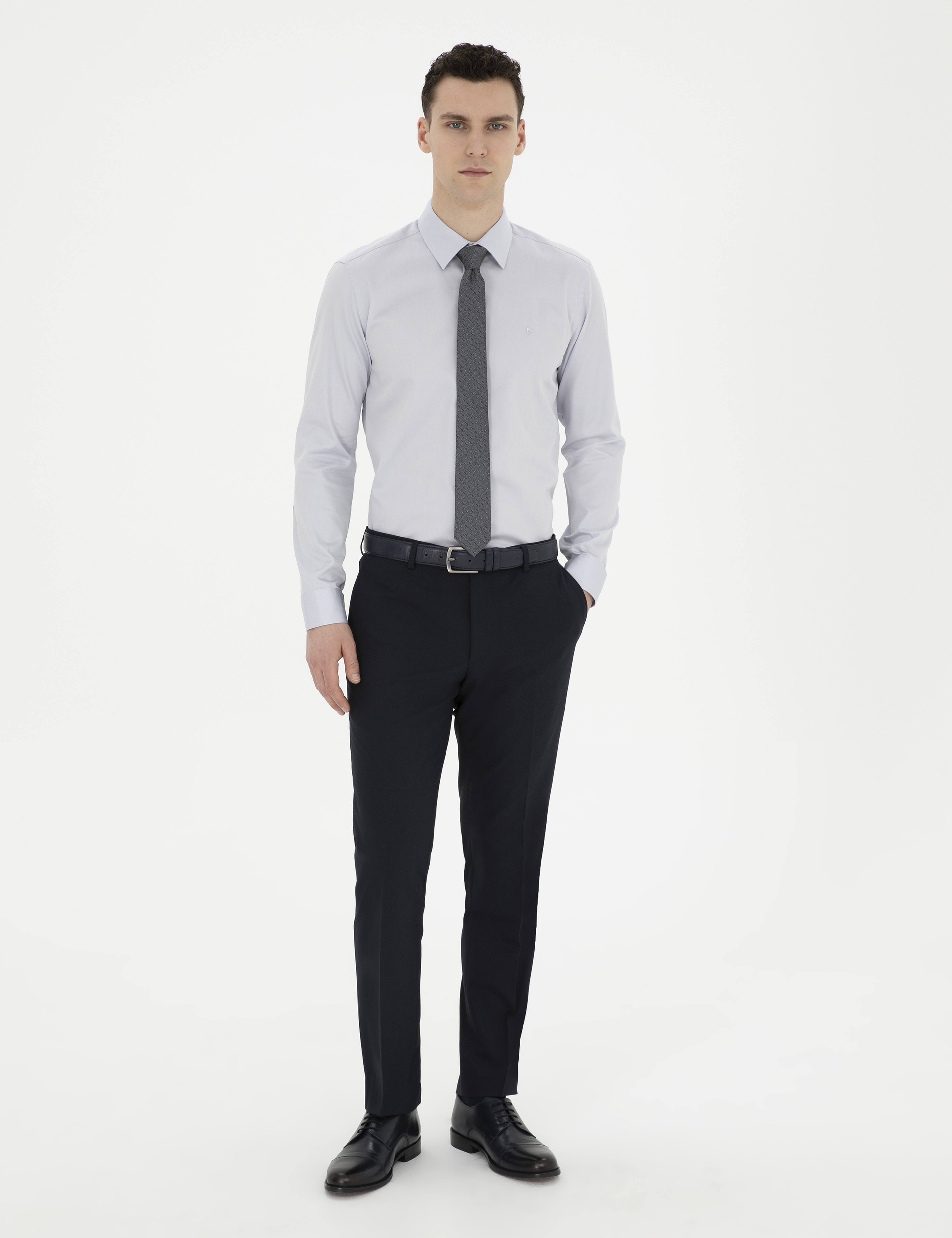 Gri %100 Pamuk Slim Fit Uzun Kollu Basic Gömlek