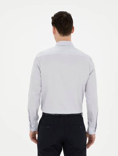 Gri %100 Pamuk Slim Fit Uzun Kollu Basic Gömlek