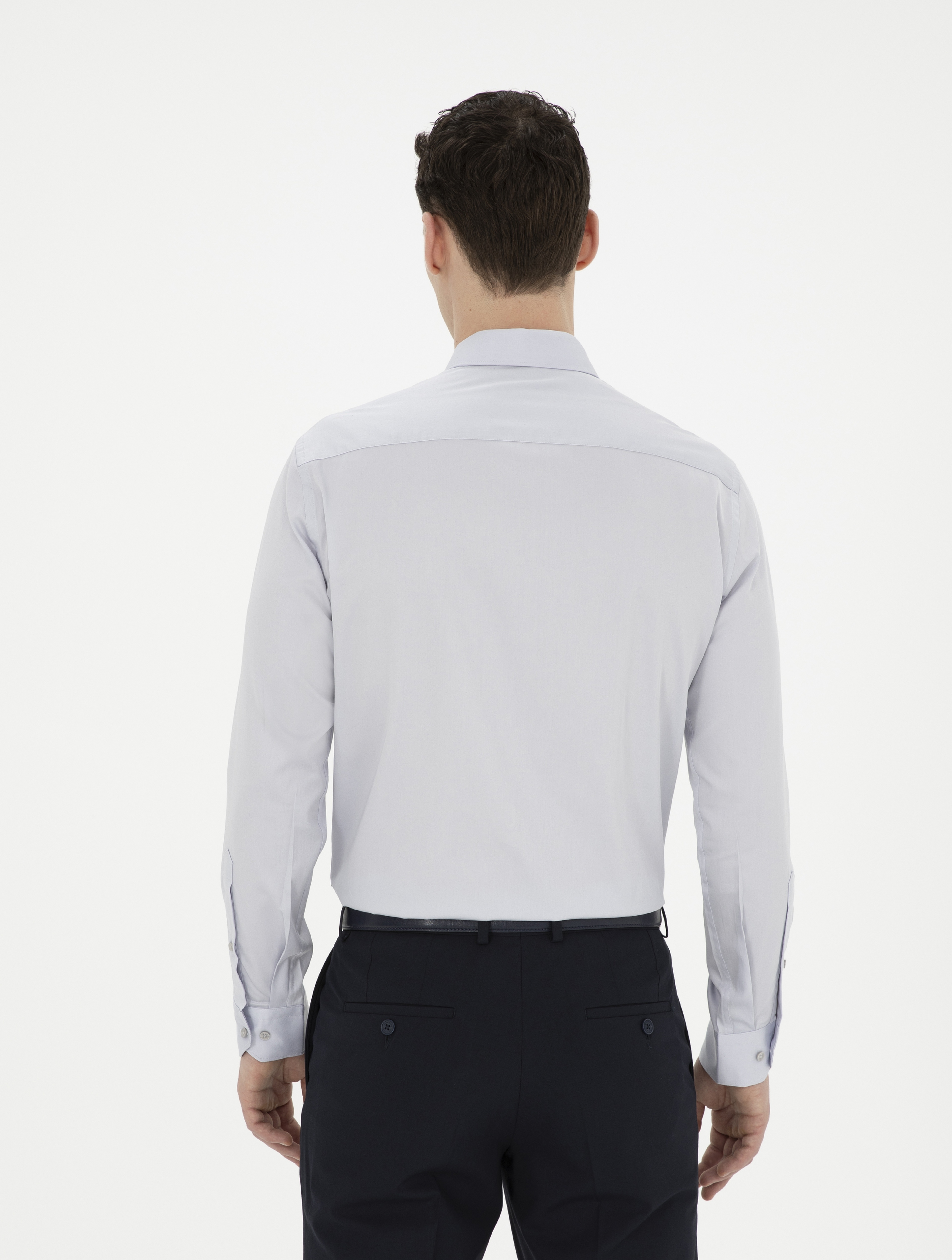 Gri %100 Pamuk Slim Fit Uzun Kollu Basic Gömlek - Image 5