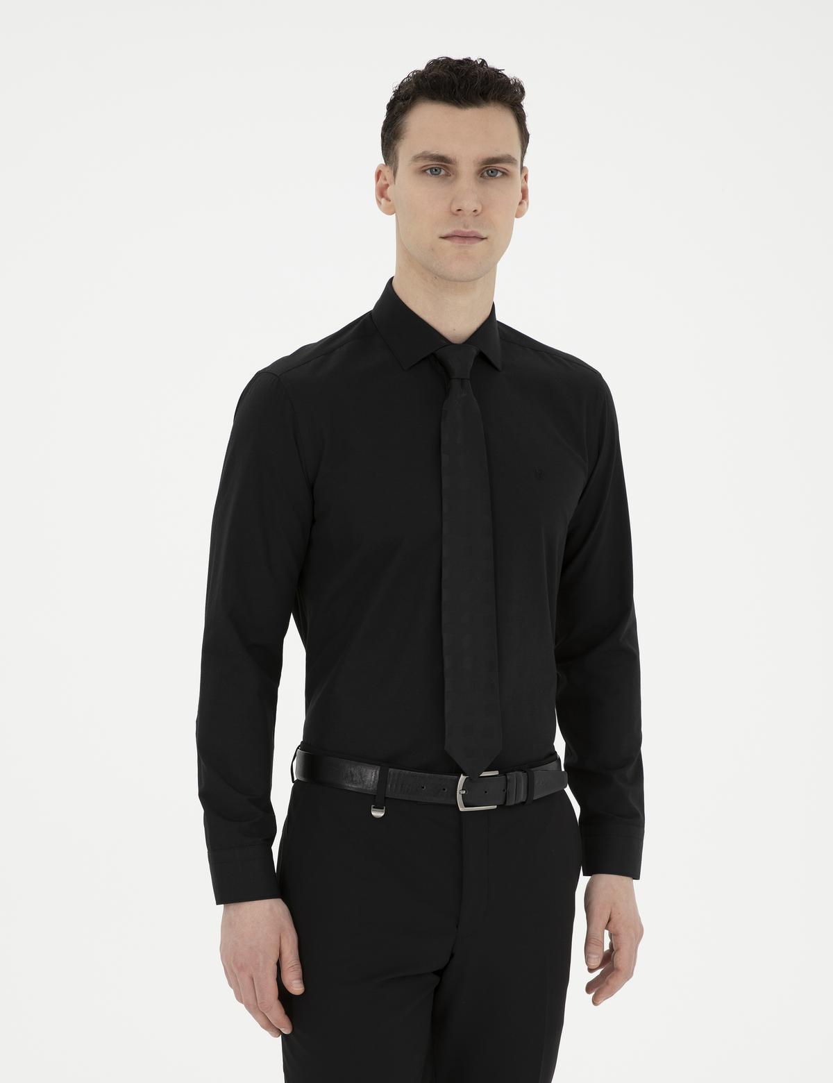 Siyah Slim Fit Uzun Kollu Basic Gömlek