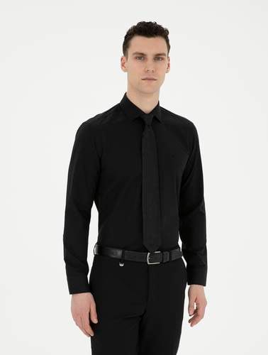 Siyah Slim Fit Uzun Kollu Basic Gömlek