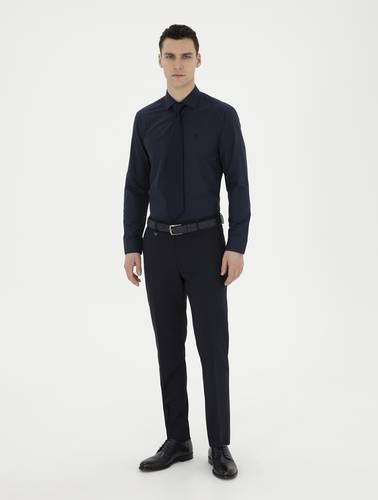 Lacivert Slim Fit Uzun Kollu Basic Gömlek