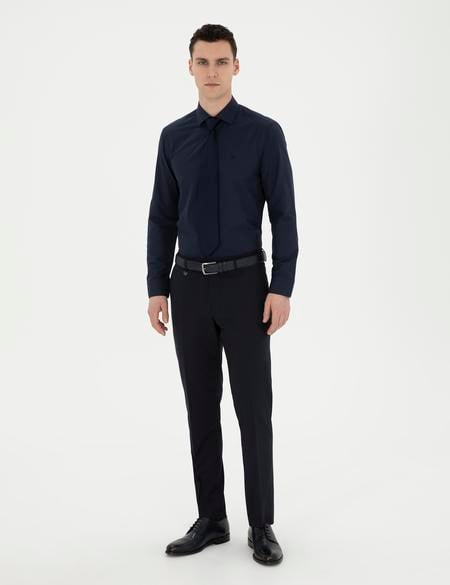 Lacivert Slim Fit Uzun Kollu Basic Gömlek - 50285562043