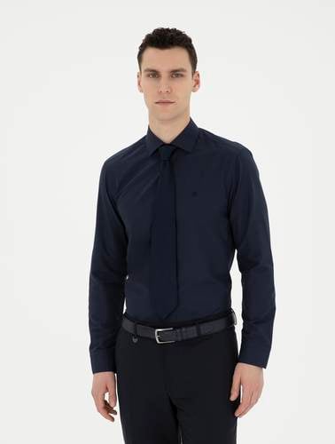 Lacivert Slim Fit Uzun Kollu Basic Gömlek