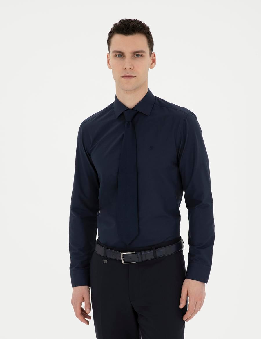 Lacivert Slim Fit Uzun Kollu Basic Gömlek