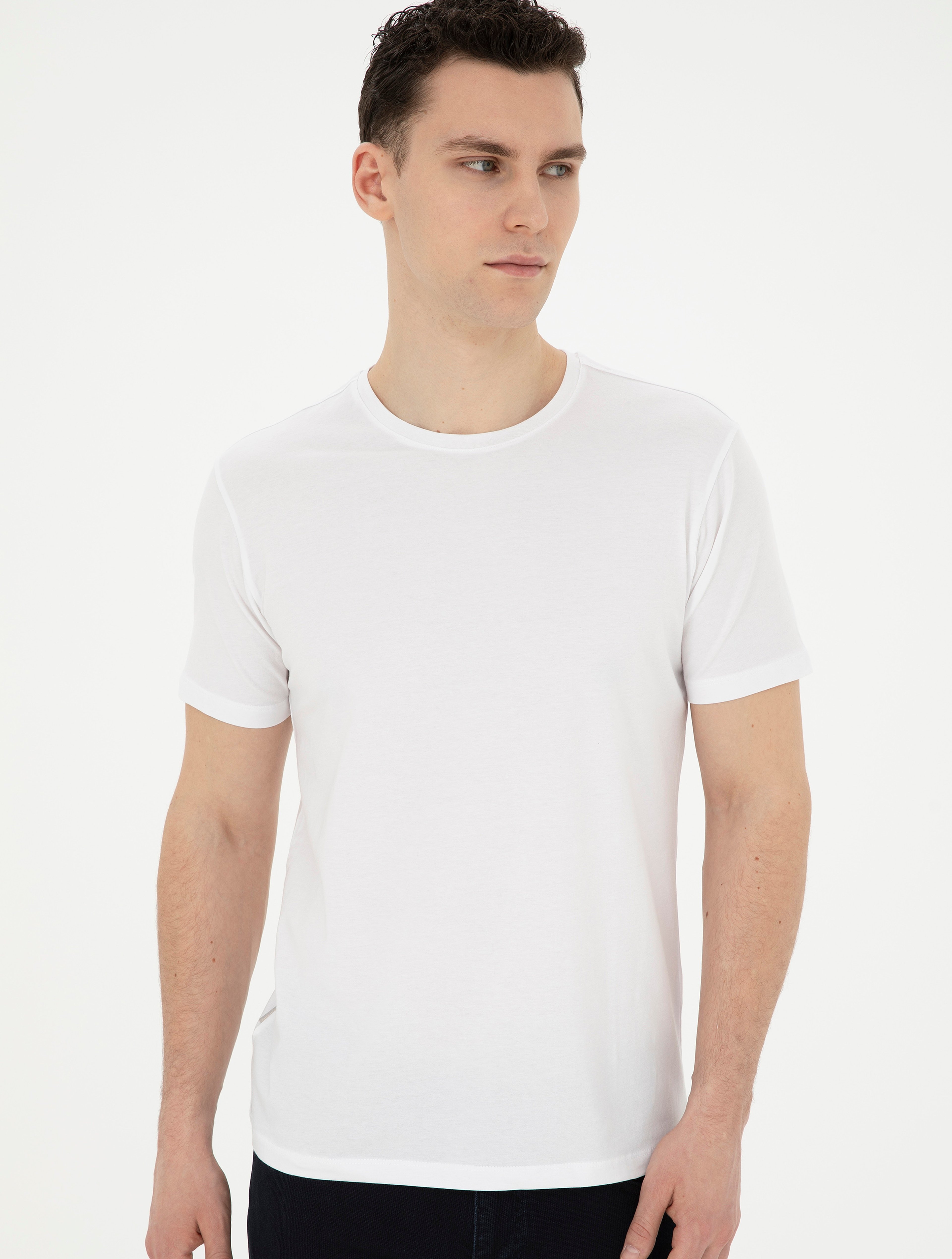 Beyaz Slim Fit Basic Tişört - Image 3