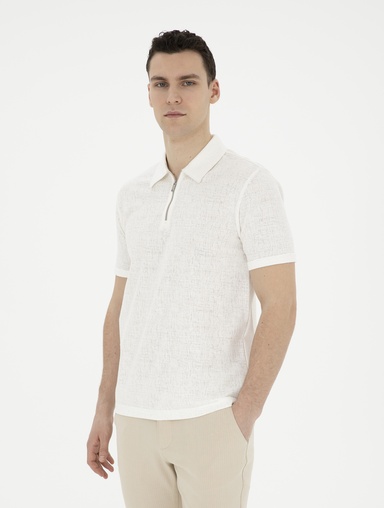 Ekru Slim Fit Fermuarlı Polo Yaka Tişört