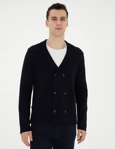 Koyu Lacivert Slim Fit Yün Karışımlı Düğmeli Triko Hırka