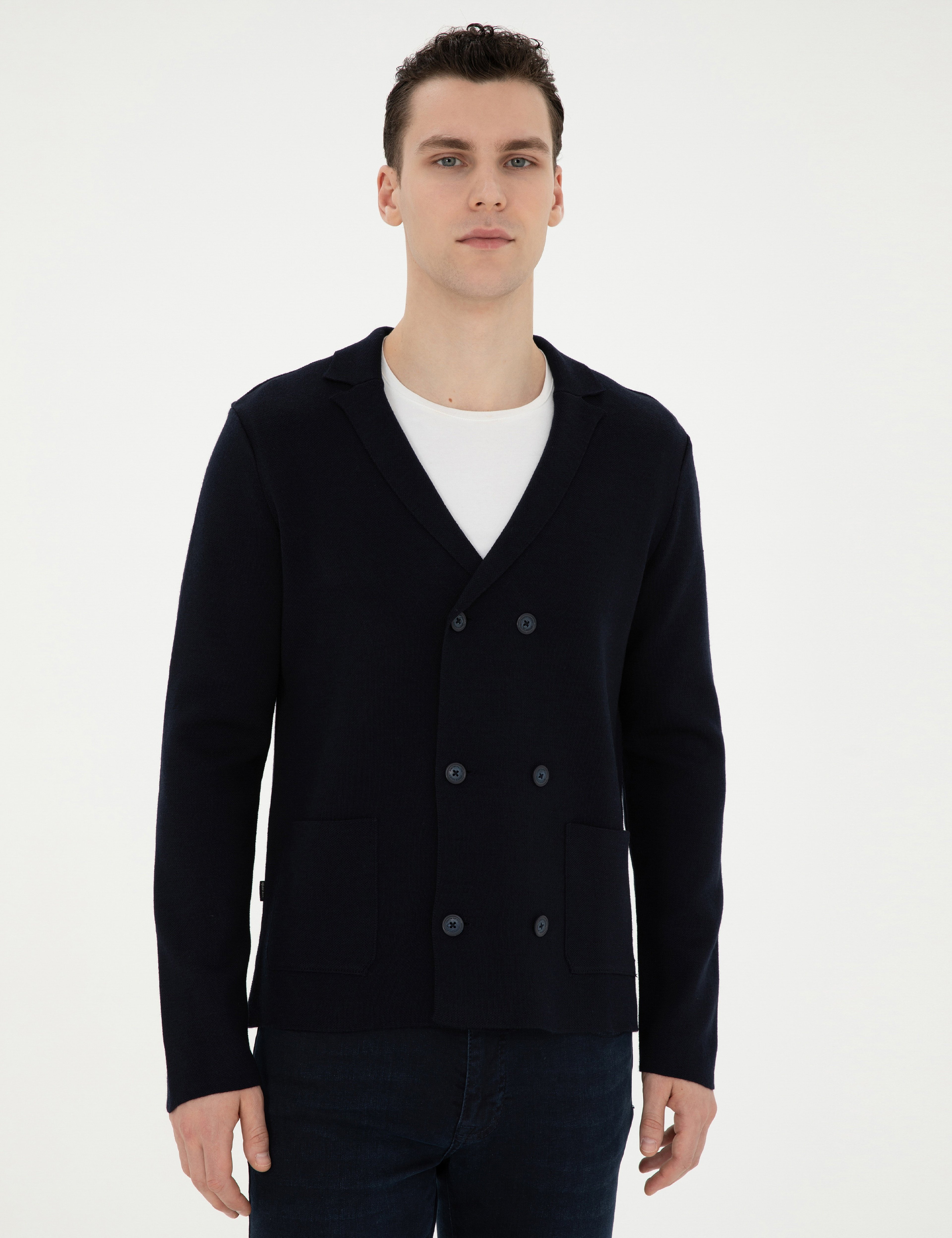 Koyu Lacivert Slim Fit Yün Karışımlı Düğmeli Triko Hırka
