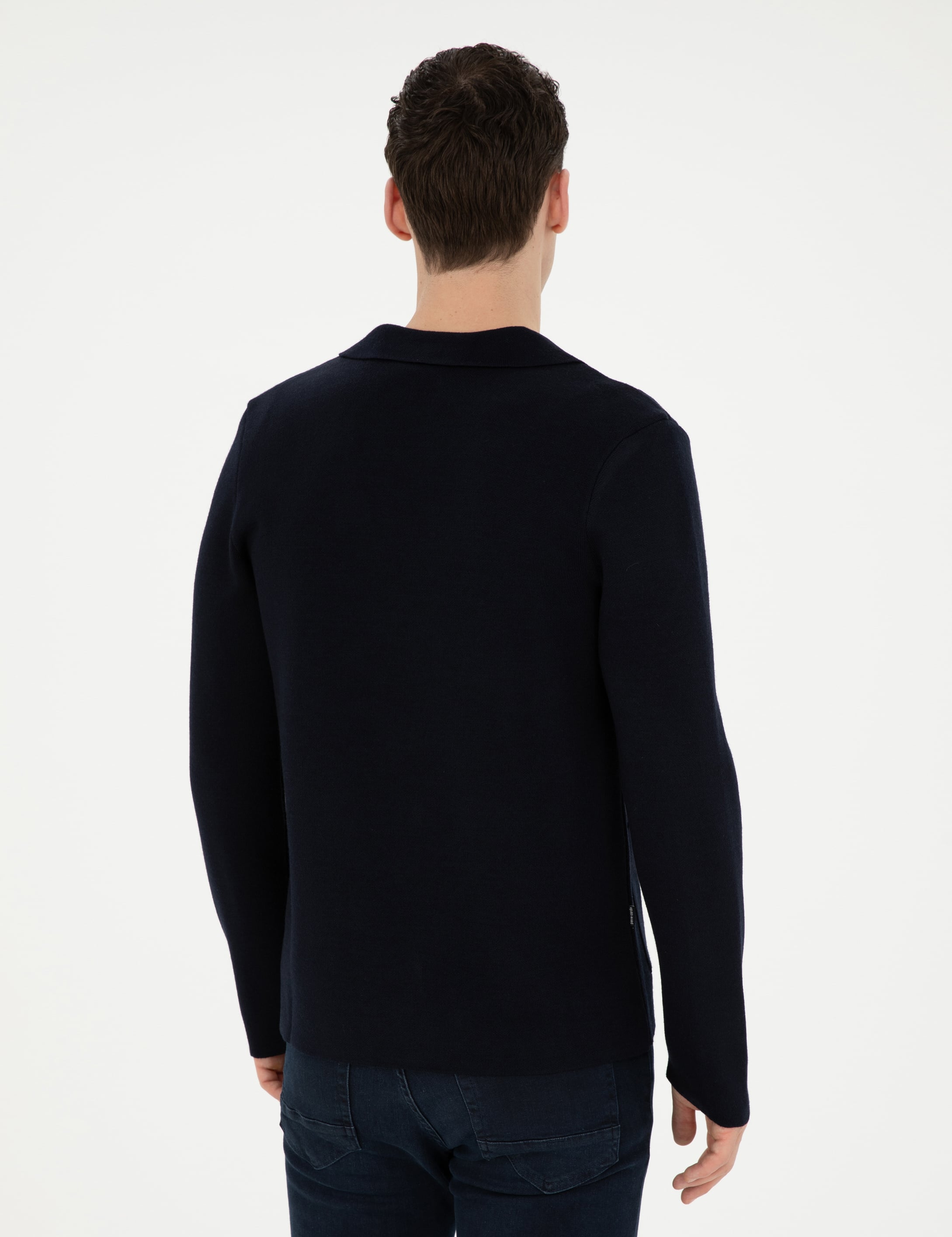 Koyu Lacivert Slim Fit Yün Karışımlı Düğmeli Triko Hırka