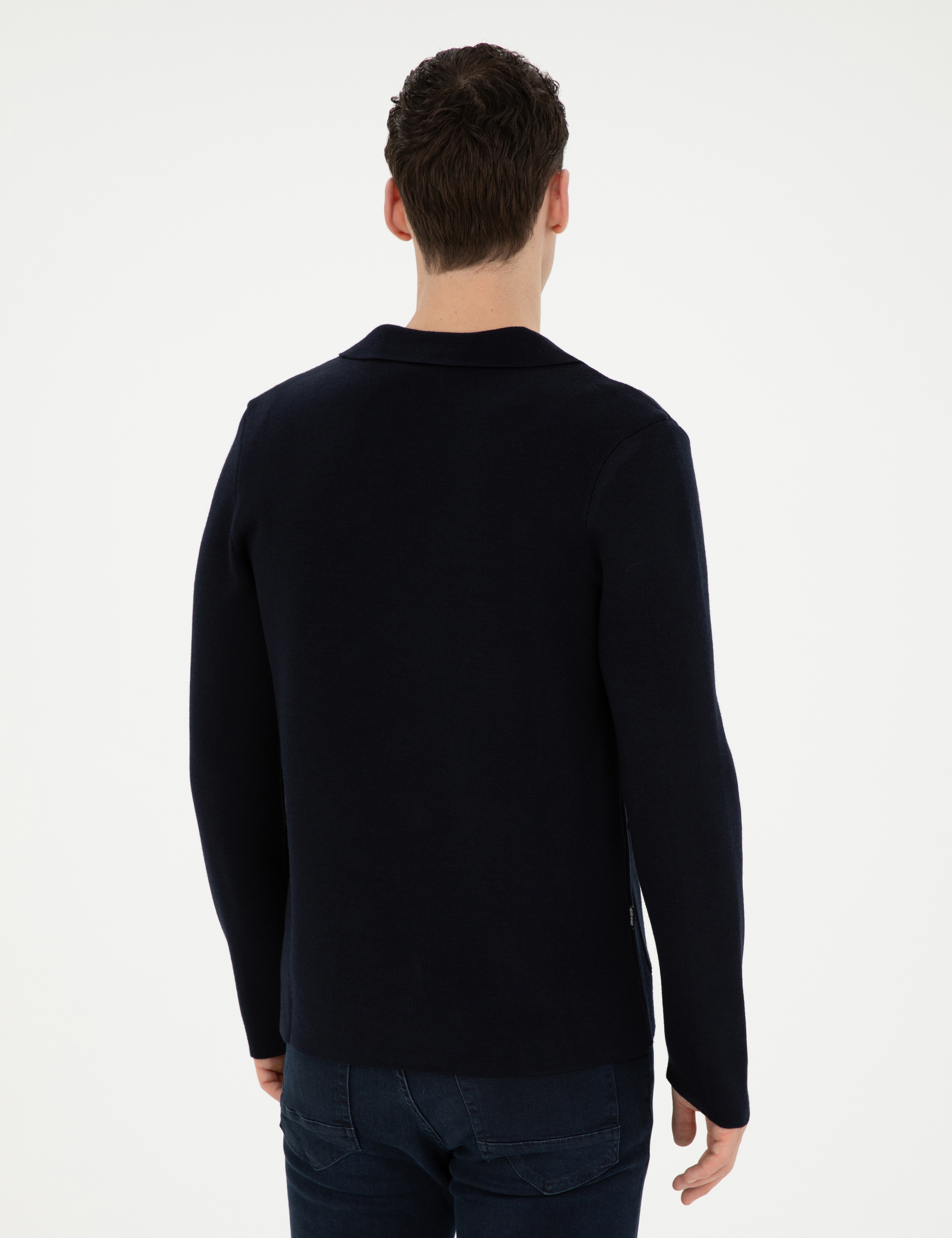 Koyu Lacivert Slim Fit Yün Karışımlı Düğmeli Triko Hırka - Image 5