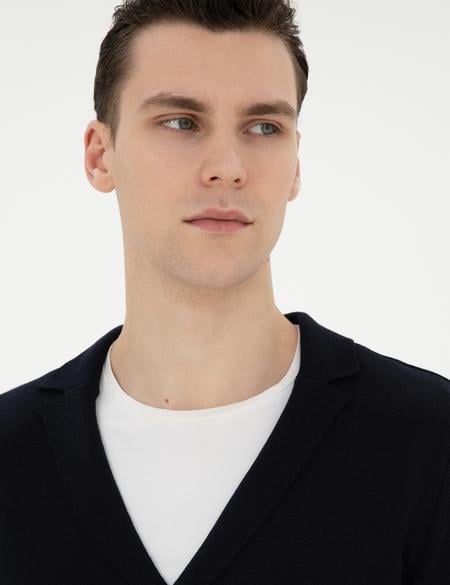 Koyu Lacivert Slim Fit Yün Karışımlı Düğmeli Triko Hırka - 50278079015