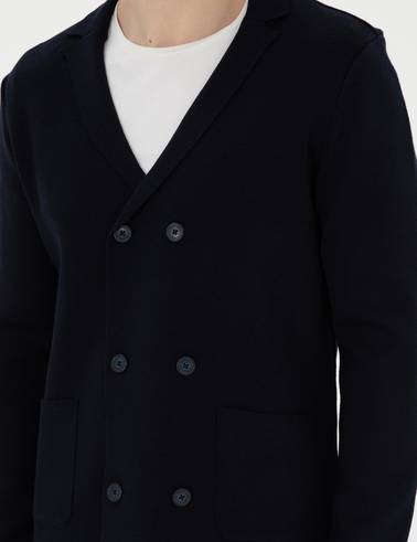 Koyu Lacivert Slim Fit Yün Karışımlı Düğmeli Triko Hırka