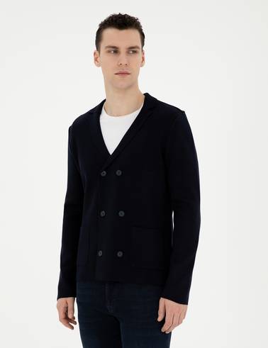 Koyu Lacivert Slim Fit Yün Karışımlı Düğmeli Triko Hırka