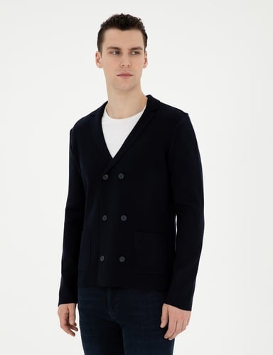 Koyu Lacivert Slim Fit Yün Karışımlı Düğmeli Triko Hırka