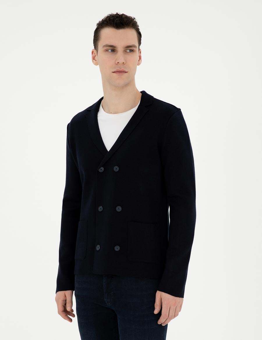 Koyu Lacivert Slim Fit Yün Karışımlı Düğmeli Triko Hırka