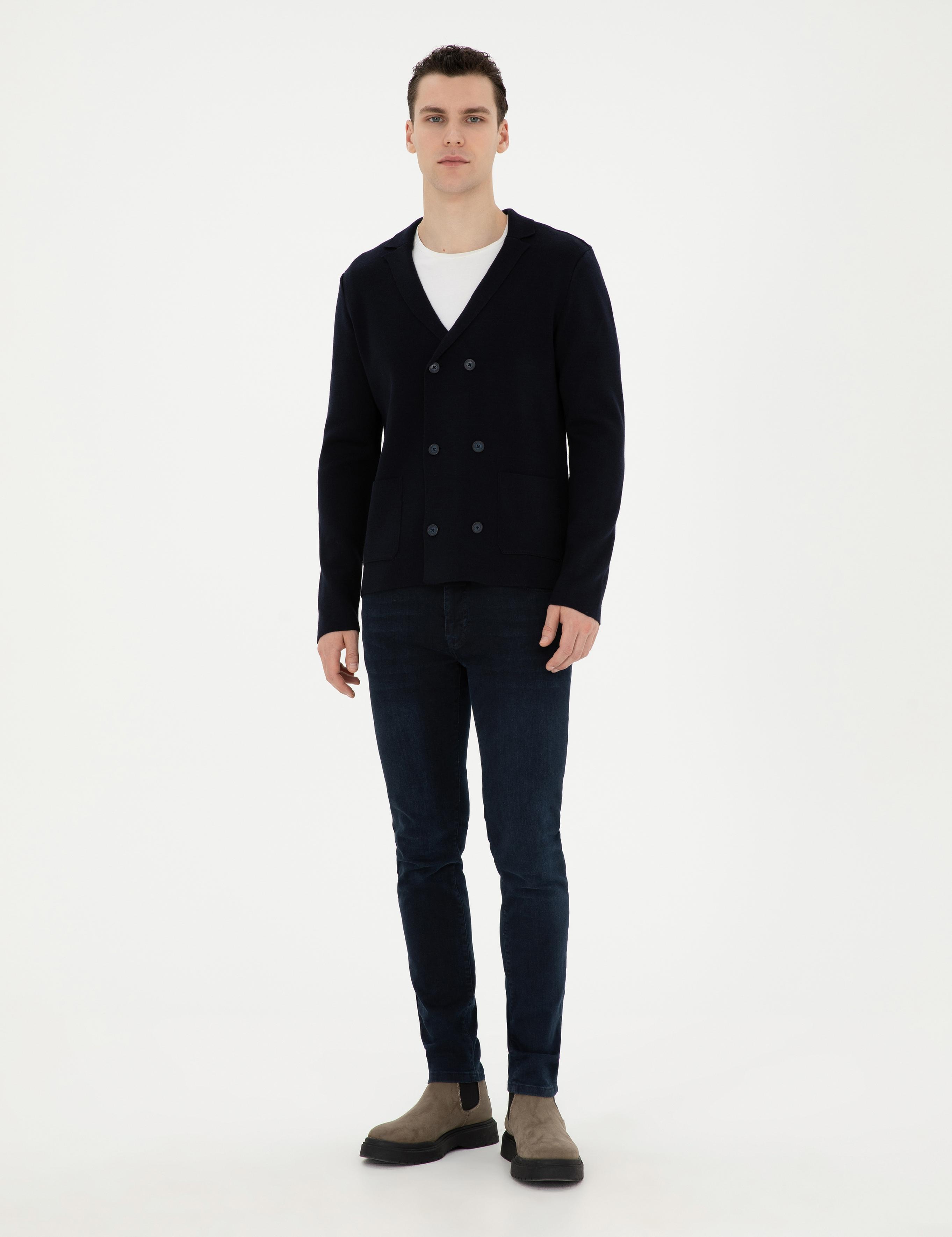 Koyu Lacivert Slim Fit Yün Karışımlı Düğmeli Triko Hırka