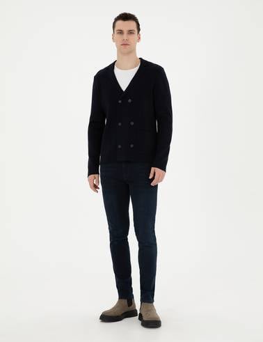 Koyu Lacivert Slim Fit Yün Karışımlı Düğmeli Triko Hırka