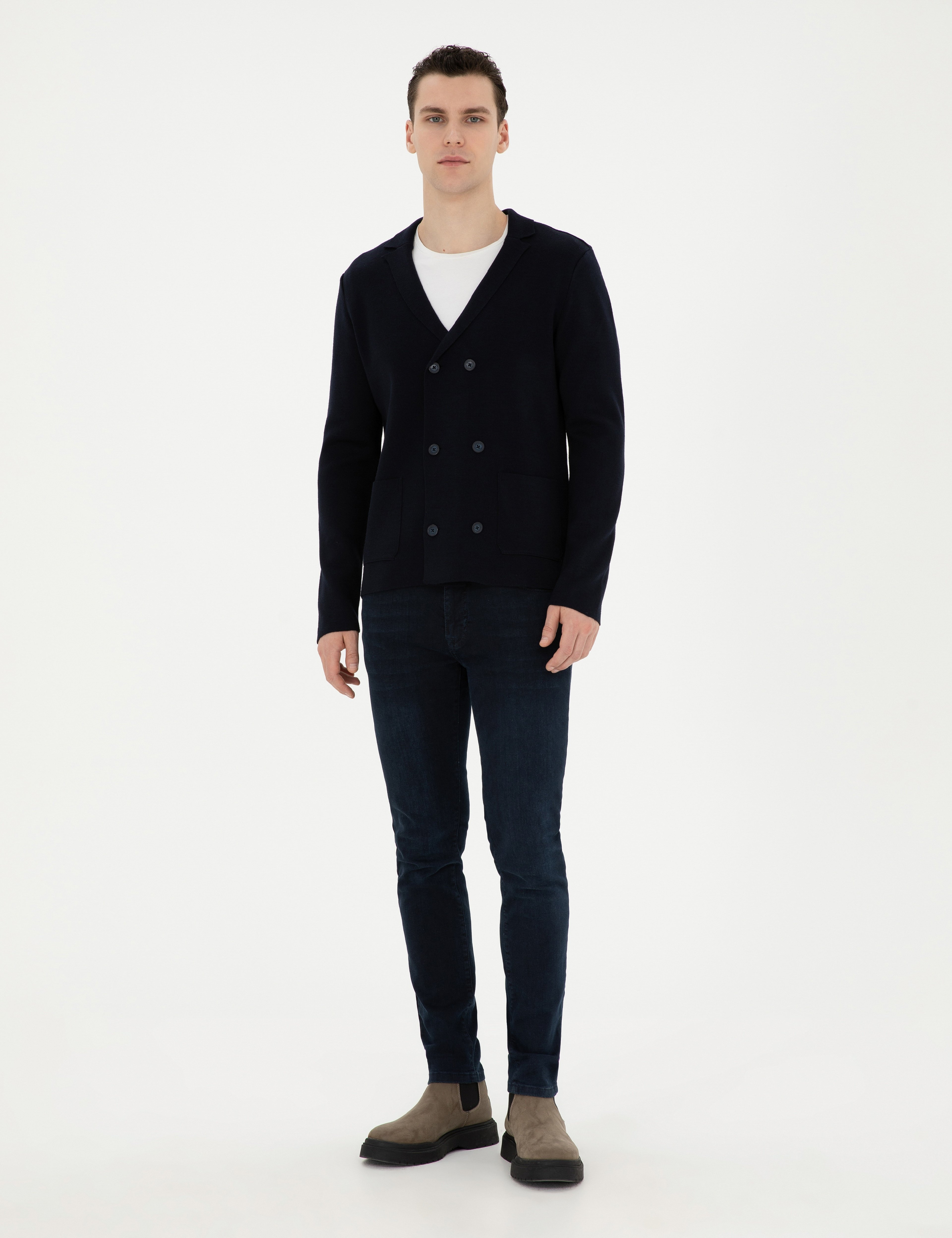 Koyu Lacivert Slim Fit Yün Karışımlı Düğmeli Triko Hırka - Image 4