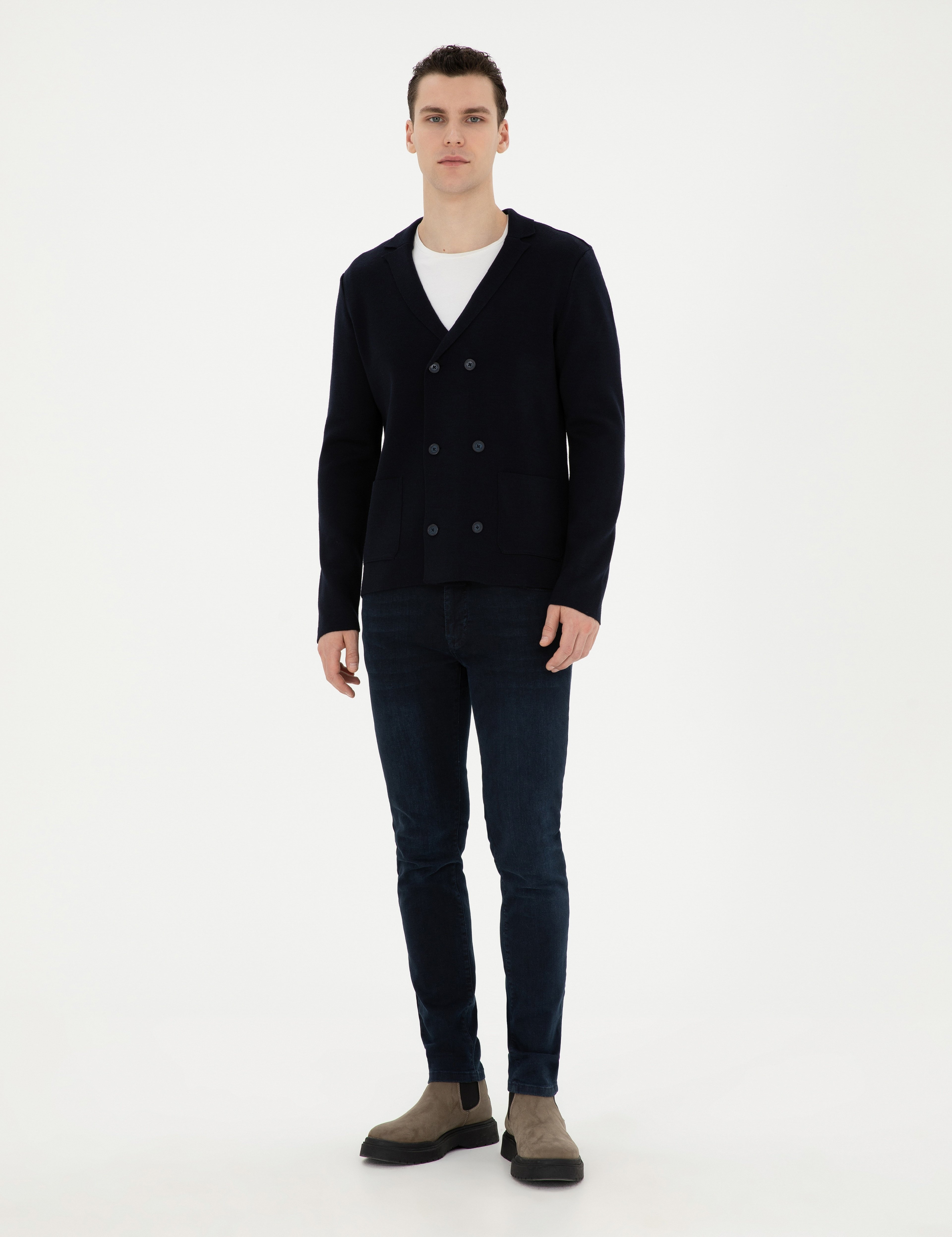 Koyu Lacivert Slim Fit Yün Karışımlı Düğmeli Triko Hırka
