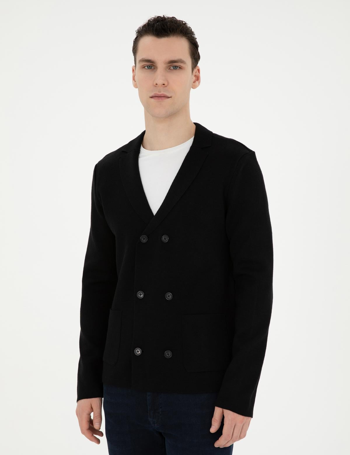 Siyah Slim Fit Yün Karışımlı Düğmeli Triko Hırka - 50278079017