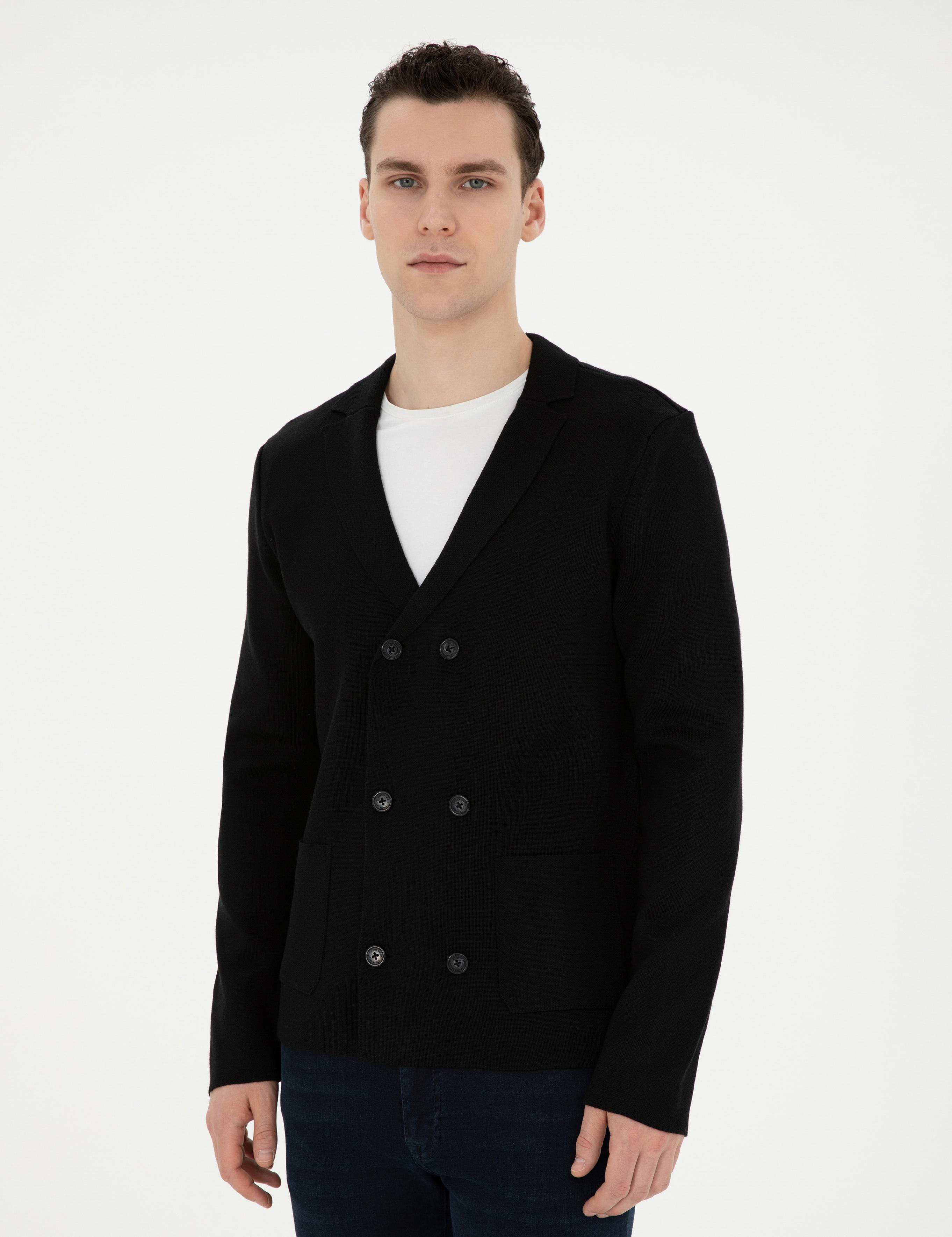 Siyah Slim Fit Yün Karışımlı Düğmeli Triko Hırka