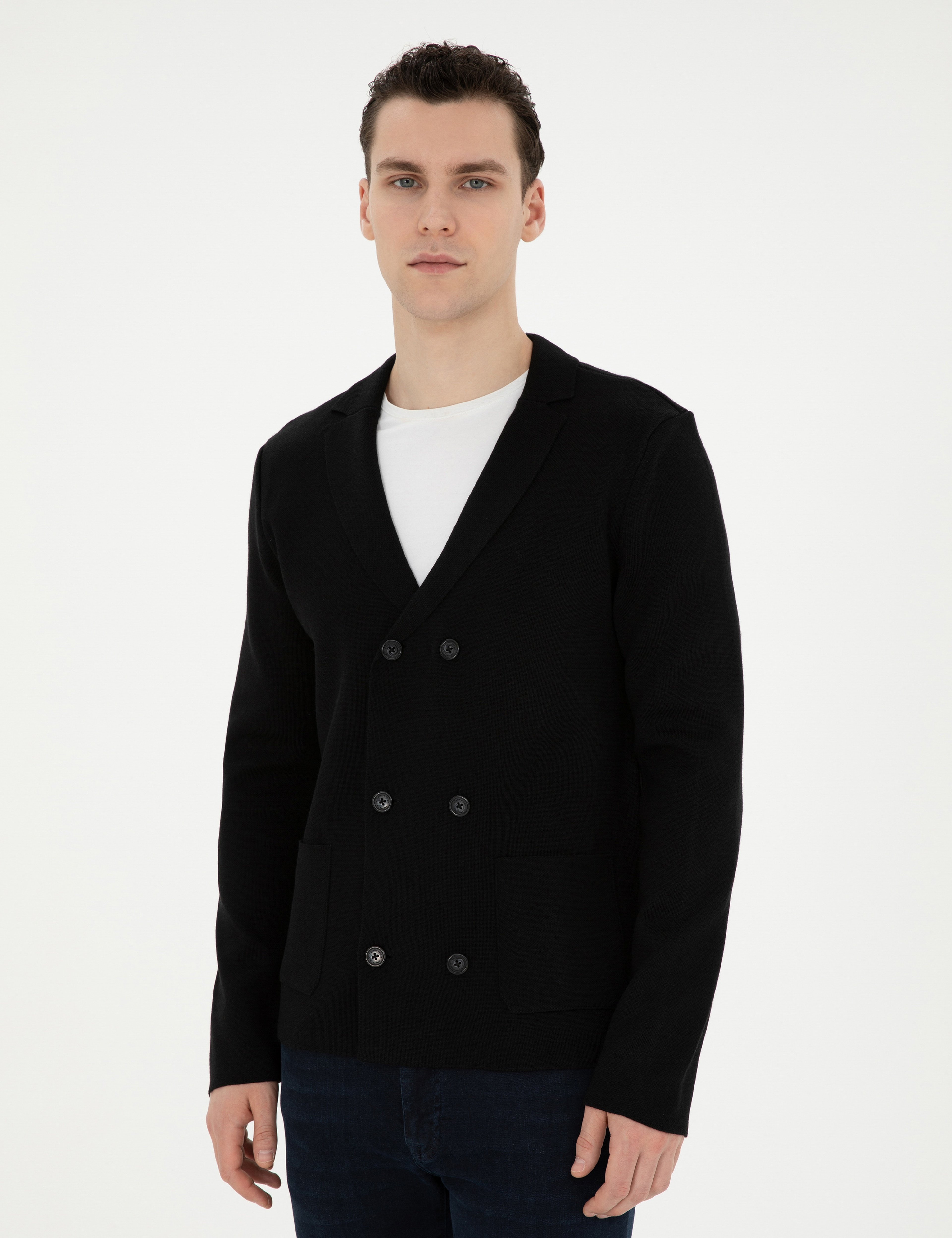 Siyah Slim Fit Yün Karışımlı Düğmeli Triko Hırka