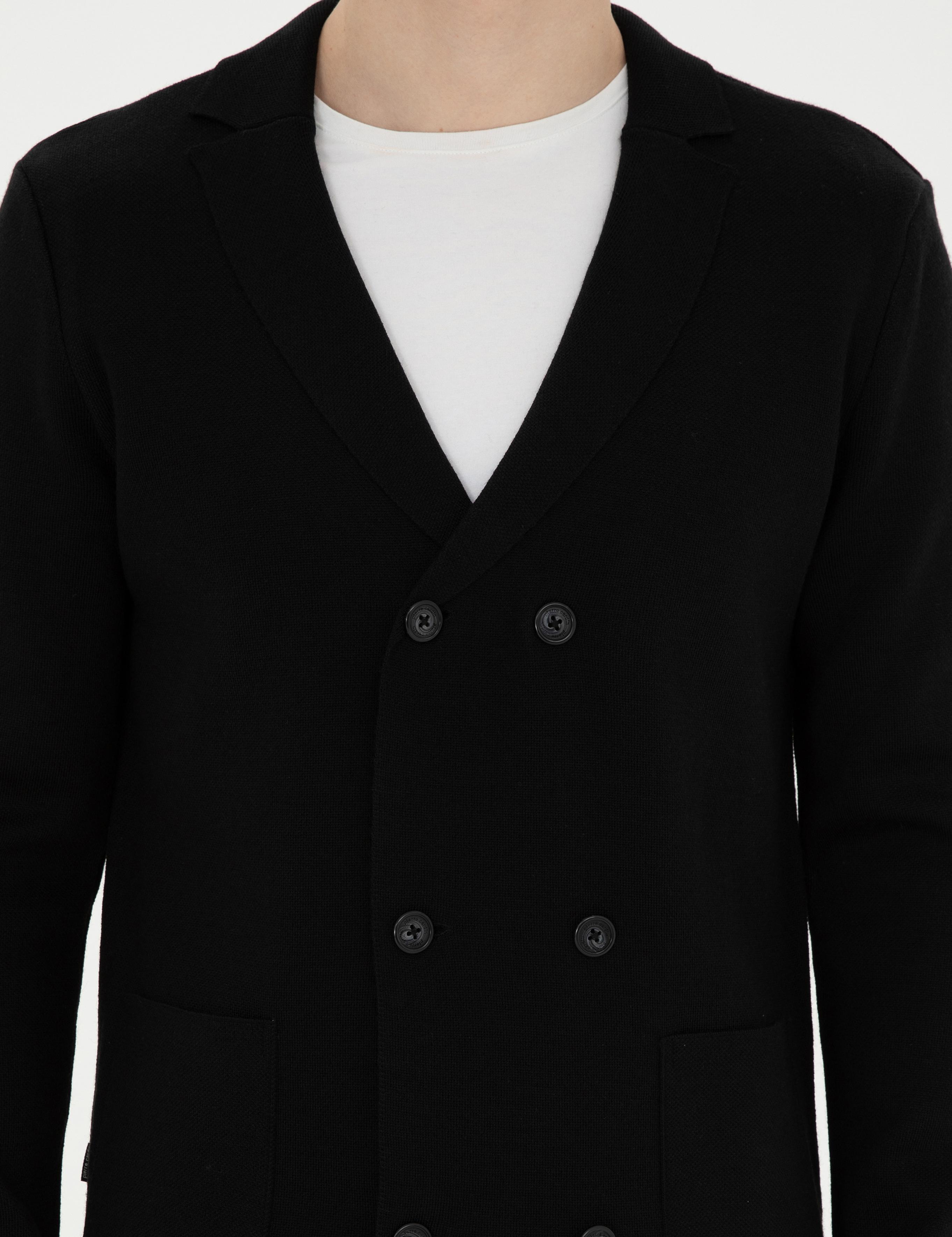 Siyah Slim Fit Yün Karışımlı Düğmeli Triko Hırka