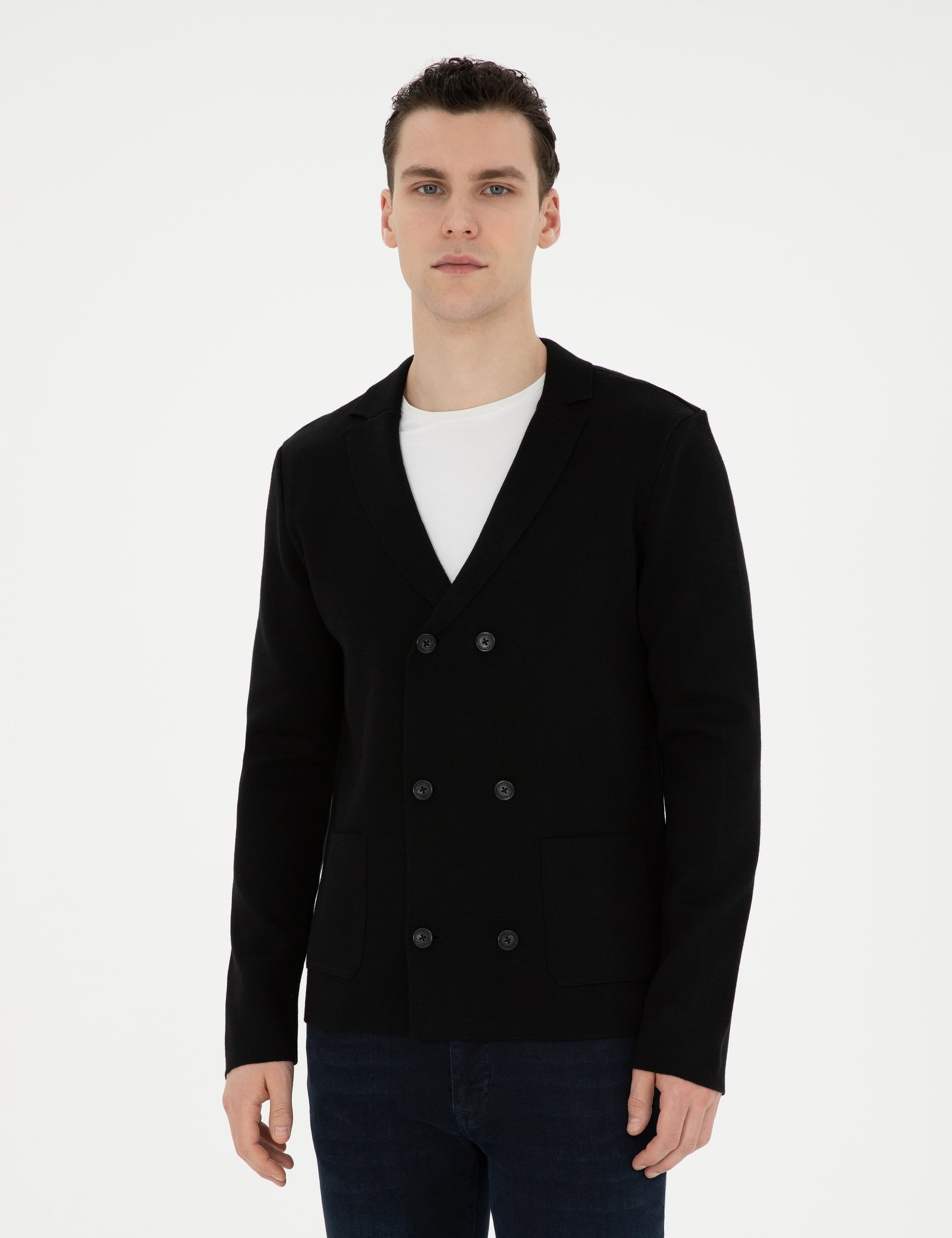Siyah Slim Fit Yün Karışımlı Düğmeli Triko Hırka