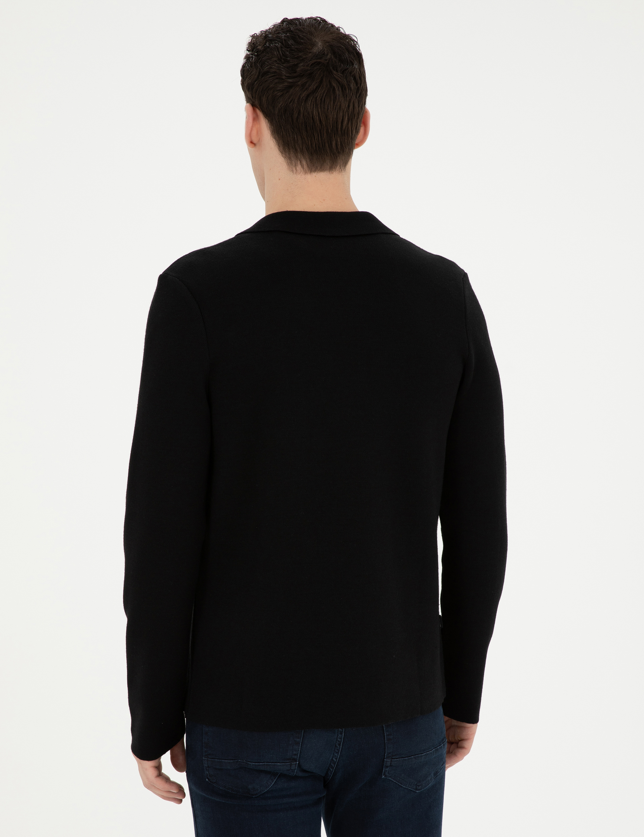 Siyah Slim Fit Yün Karışımlı Düğmeli Triko Hırka