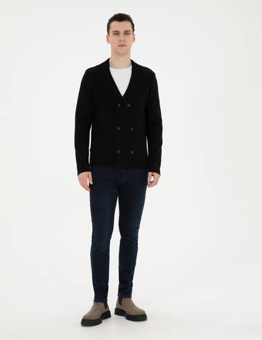 Siyah Slim Fit Yün Karışımlı Düğmeli Triko Hırka