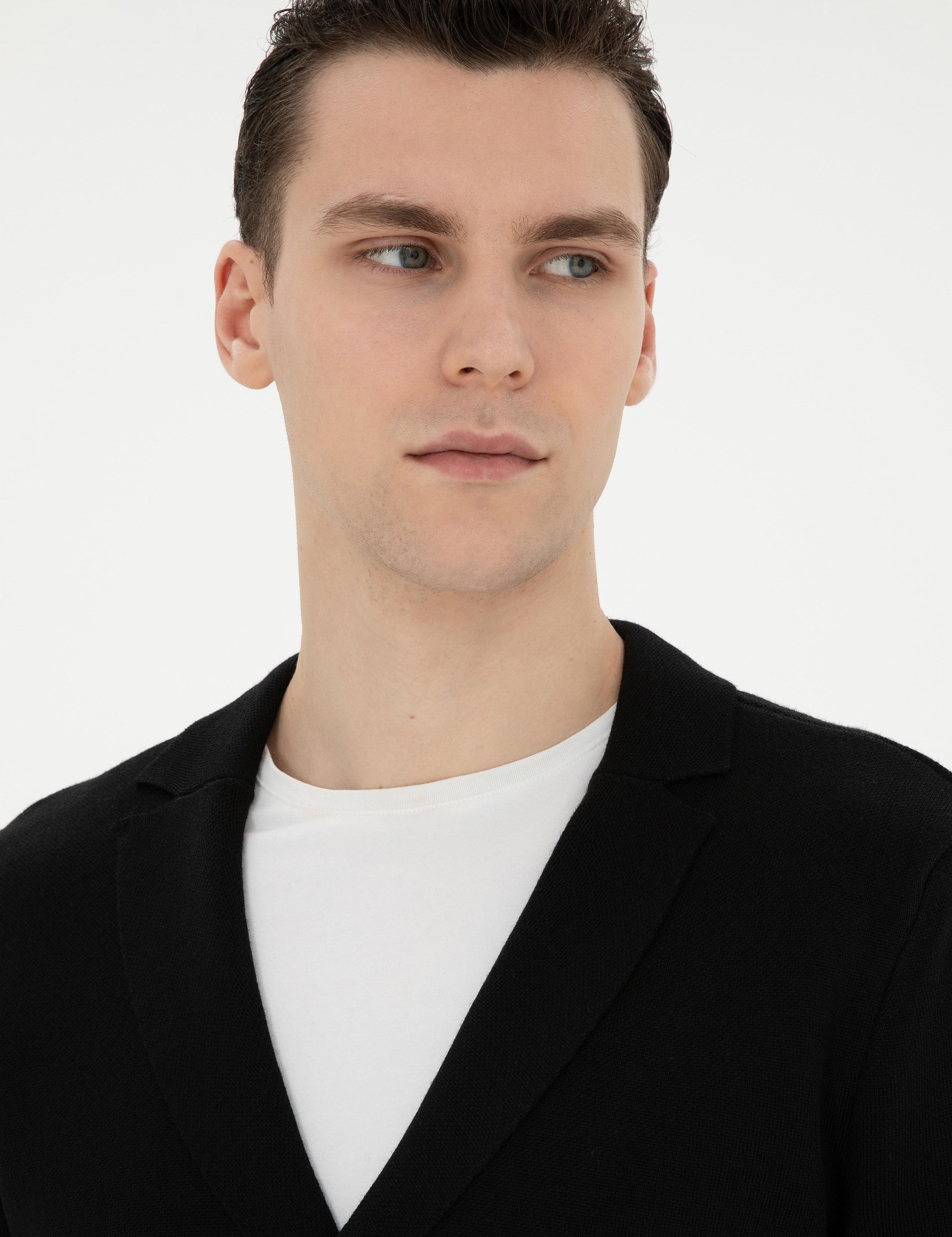 Siyah Slim Fit Yün Karışımlı Düğmeli Triko Hırka