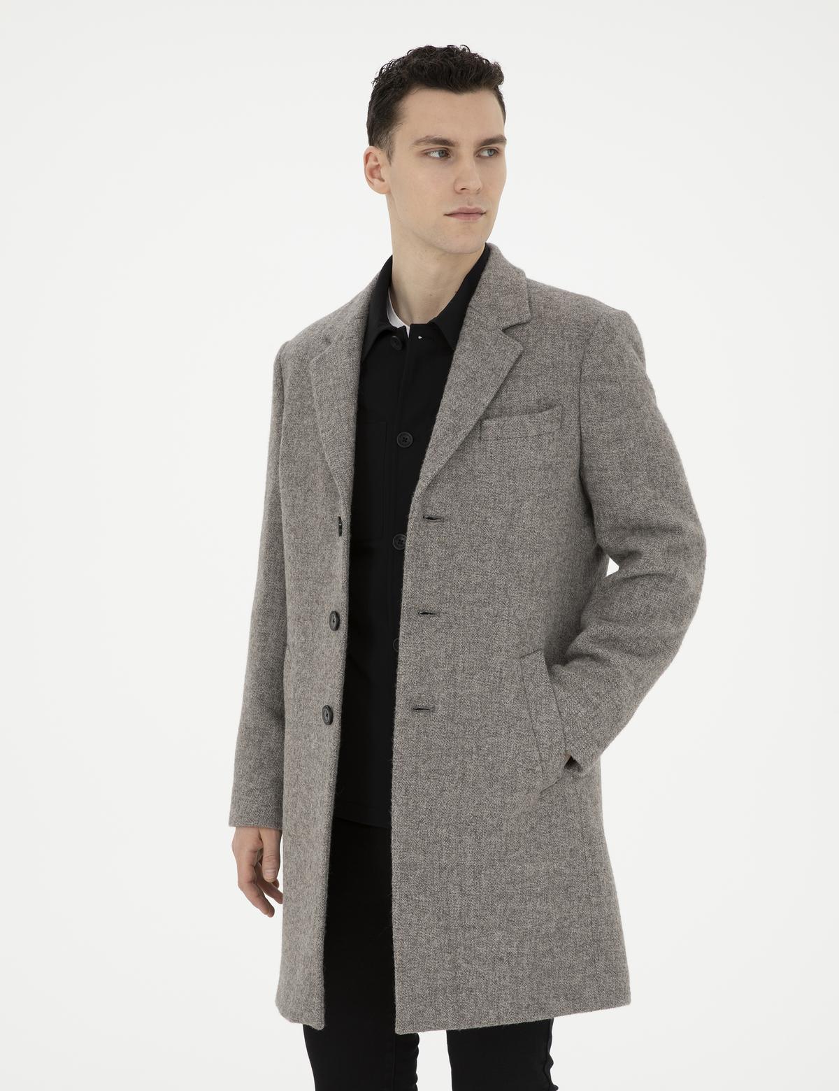 Gri Yün Karışımlı Slim Fit Kaşe Kaban