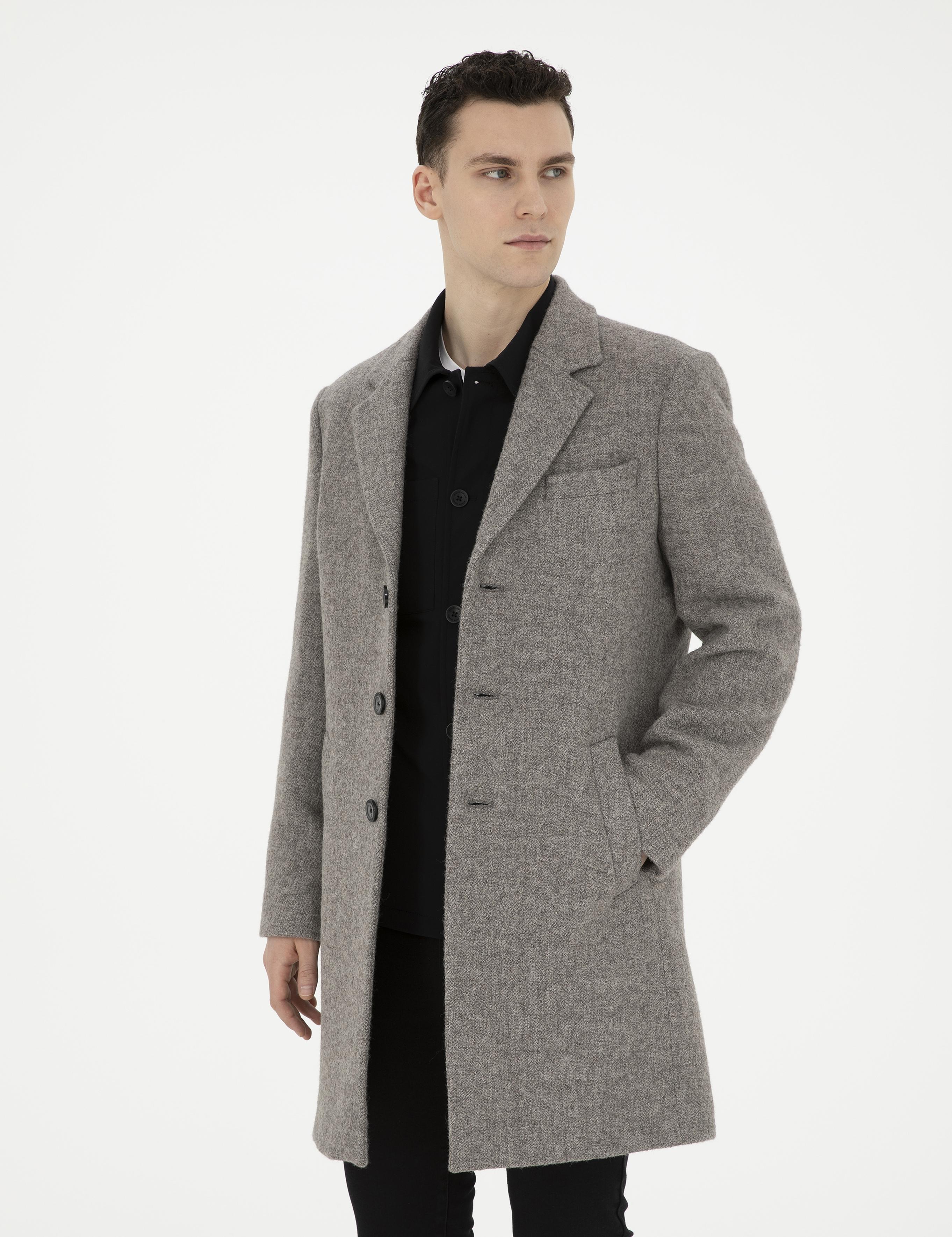 Gri Yün Karışımlı Slim Fit Kaşe Kaban