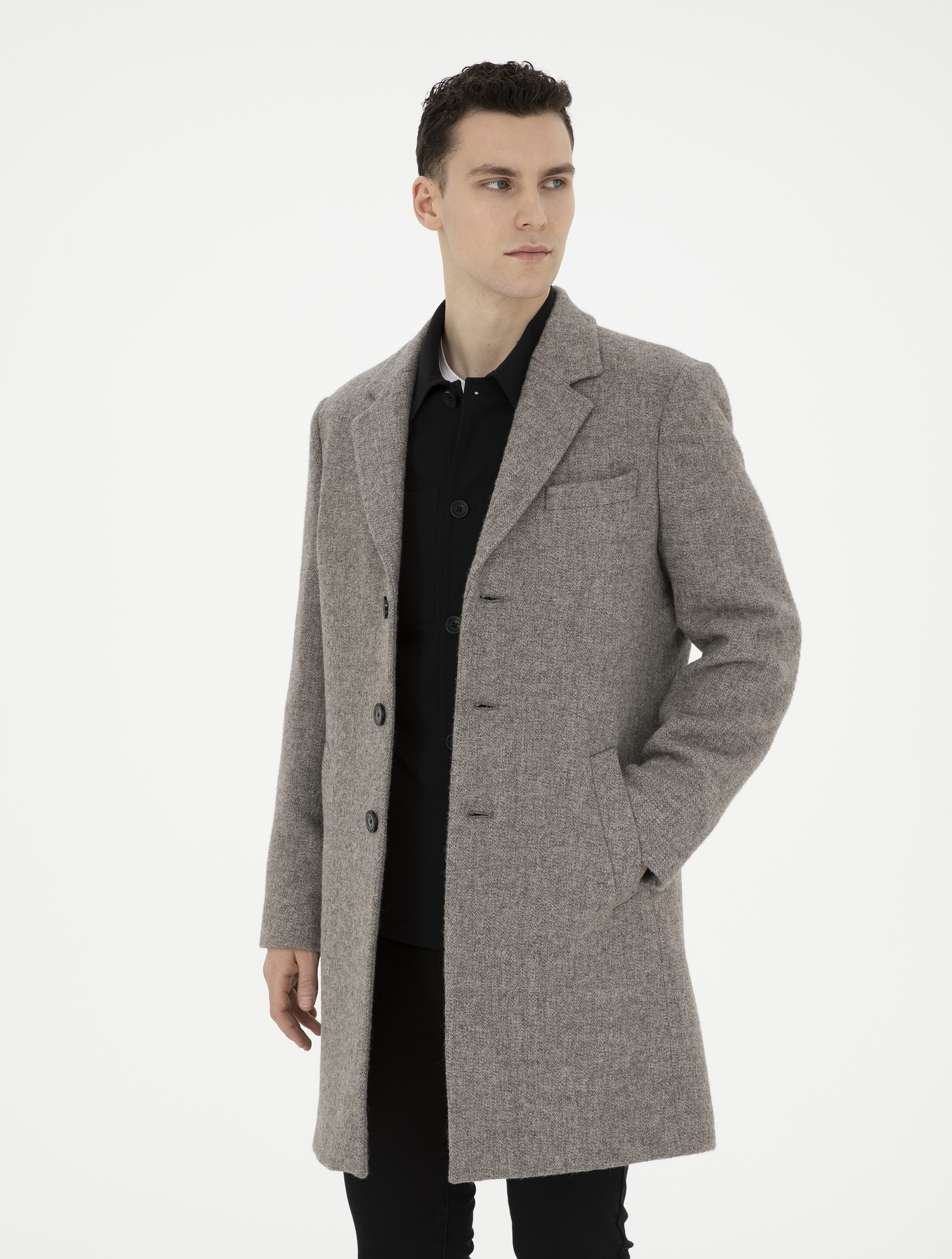 Gri Yün Karışımlı Slim Fit Kaşe Kaban - Image 1
