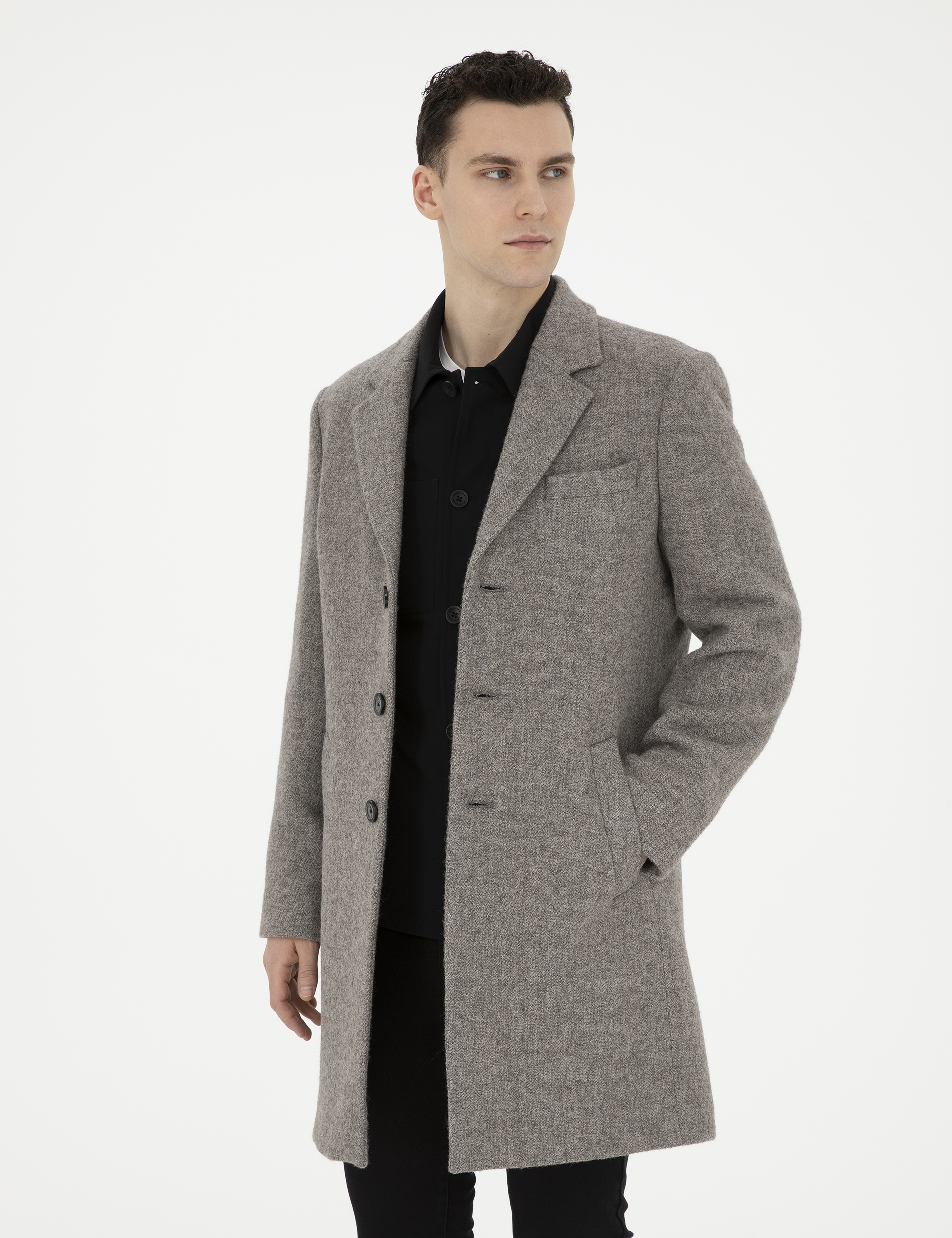 Gri Yün Karışımlı Slim Fit Kaşe Kaban