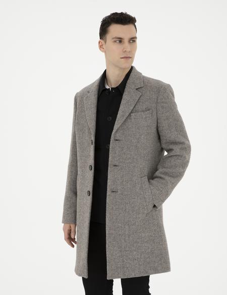 Gri Yün Karışımlı Slim Fit Kaşe Kaban - 50294280047