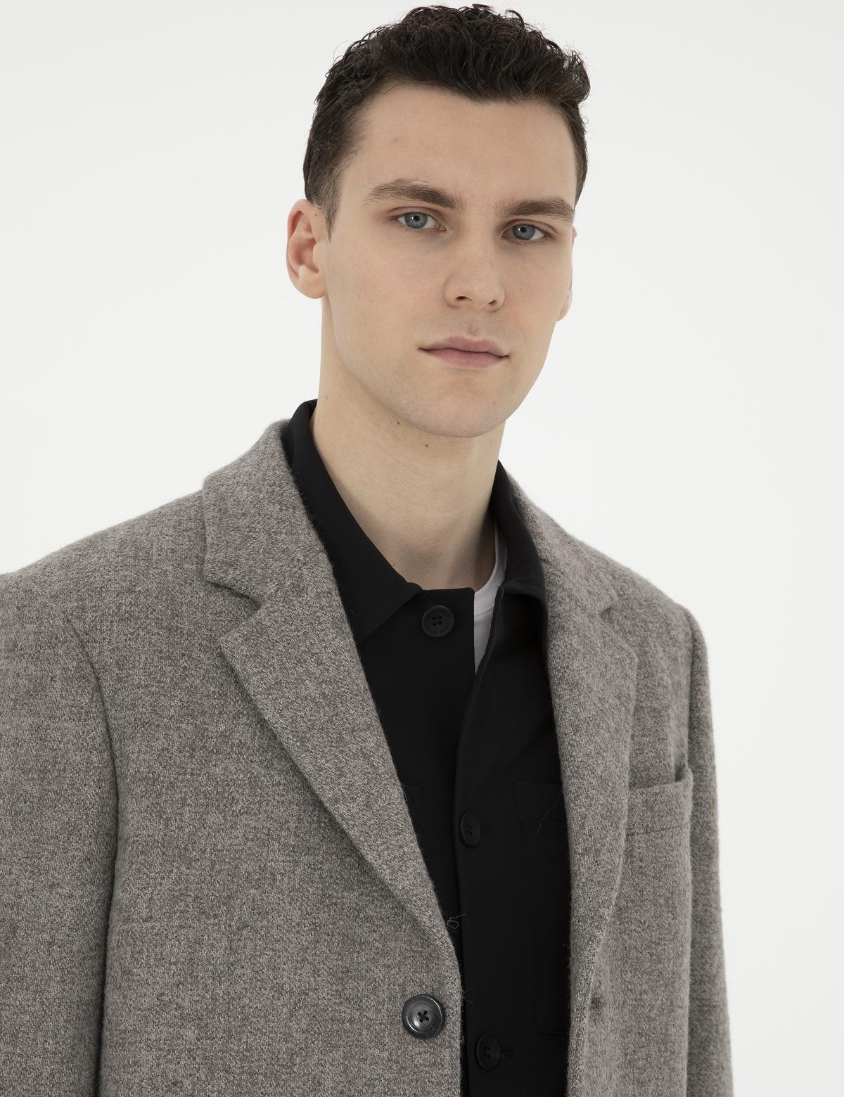 Gri Yün Karışımlı Slim Fit Kaşe Kaban - 50294280047