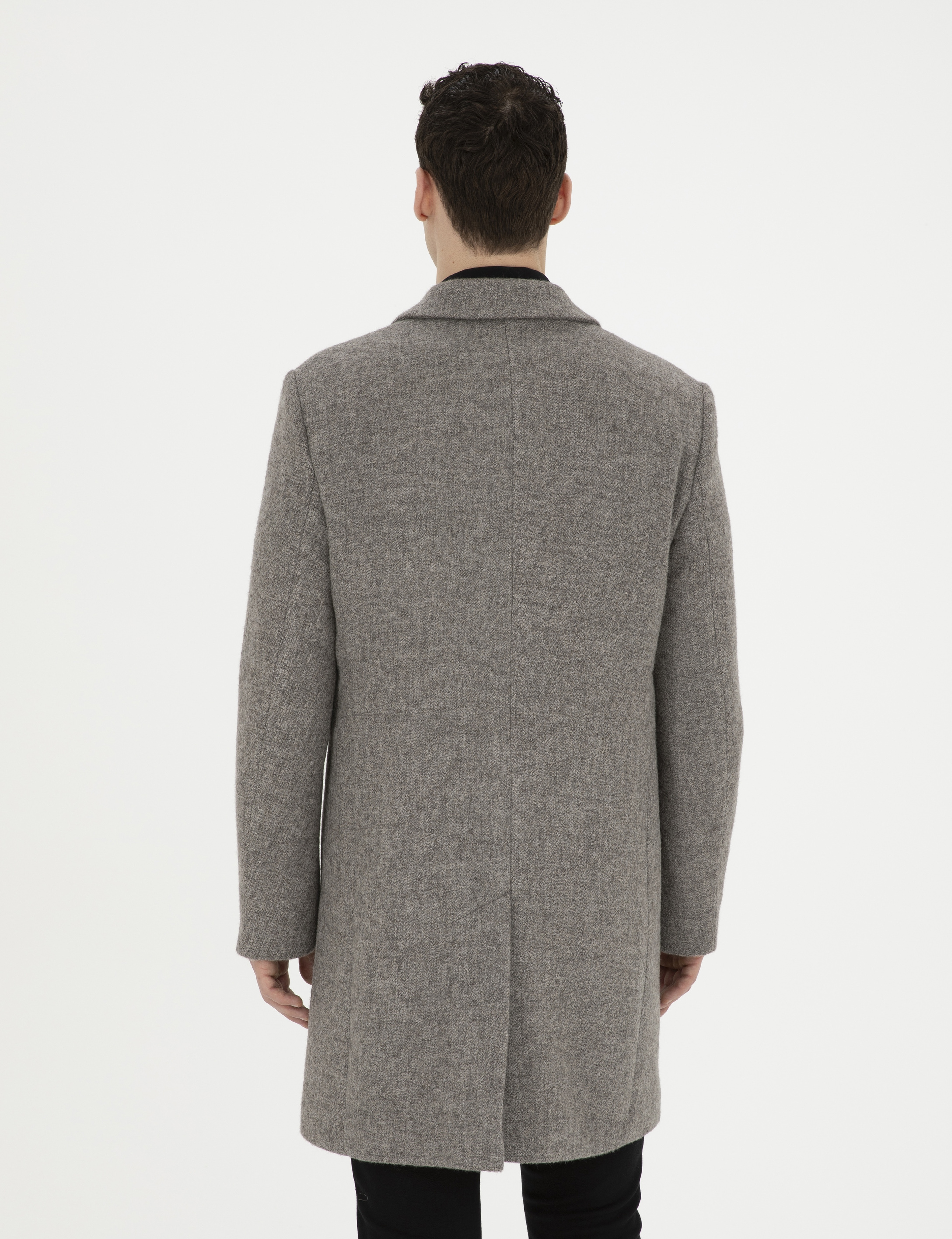 Gri Yün Karışımlı Slim Fit Kaşe Kaban
